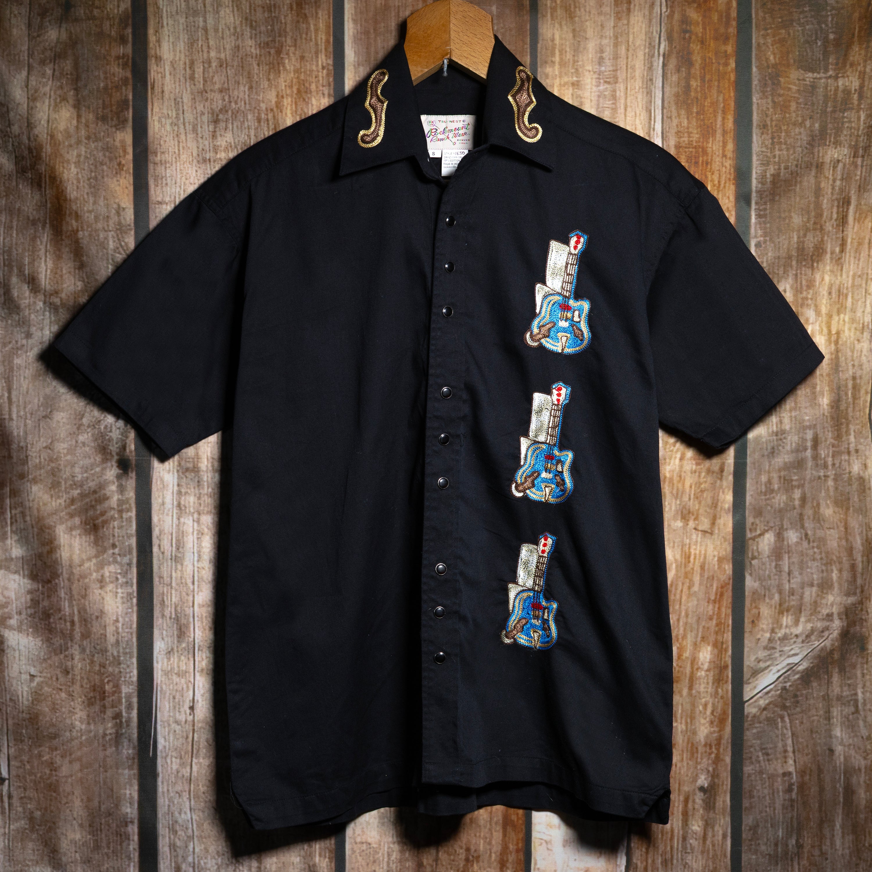 Rockmount Ranch Wear Guitar Embroidered Black Western Shirt S