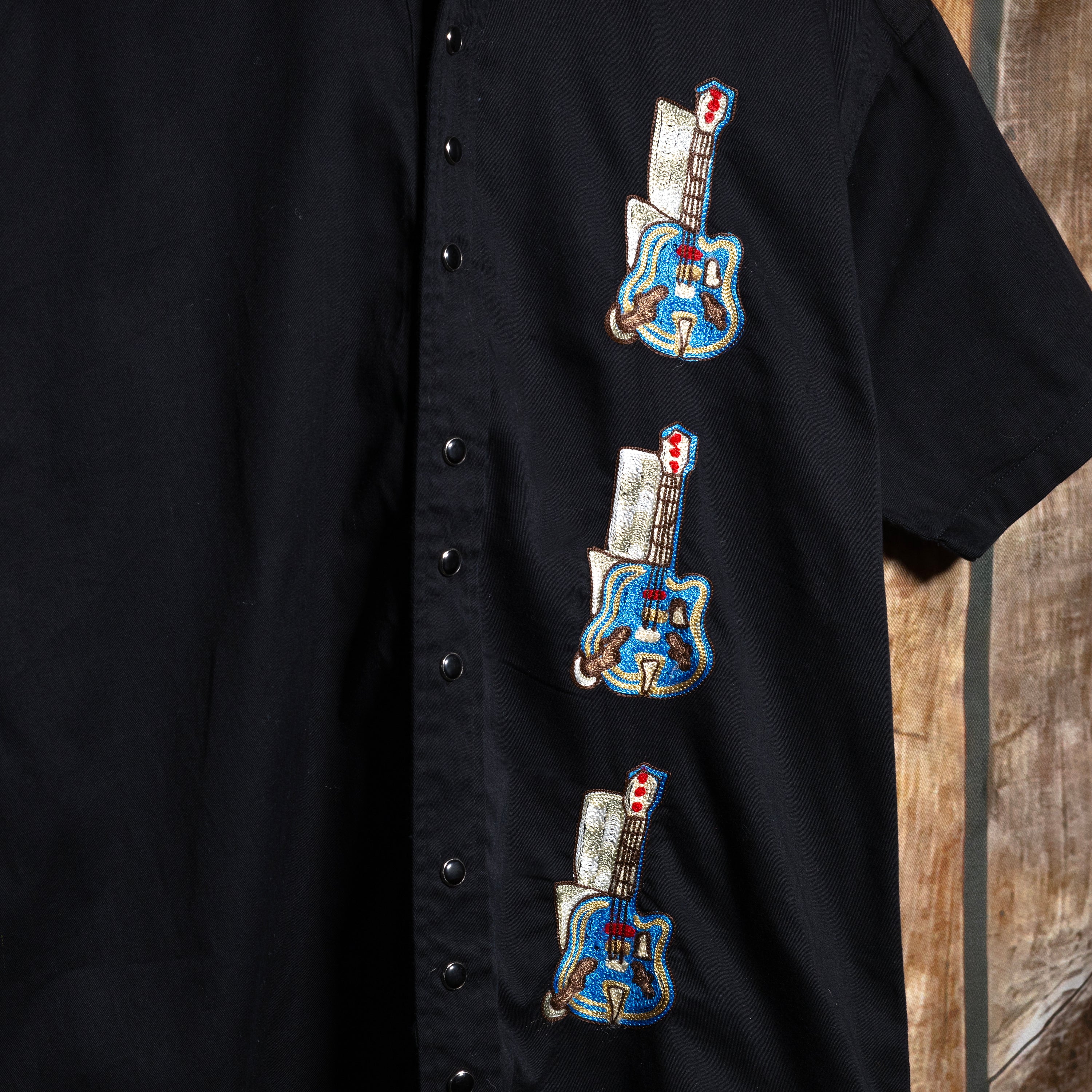 Rockmount Ranch Wear Guitar Embroidered Black Western Shirt S