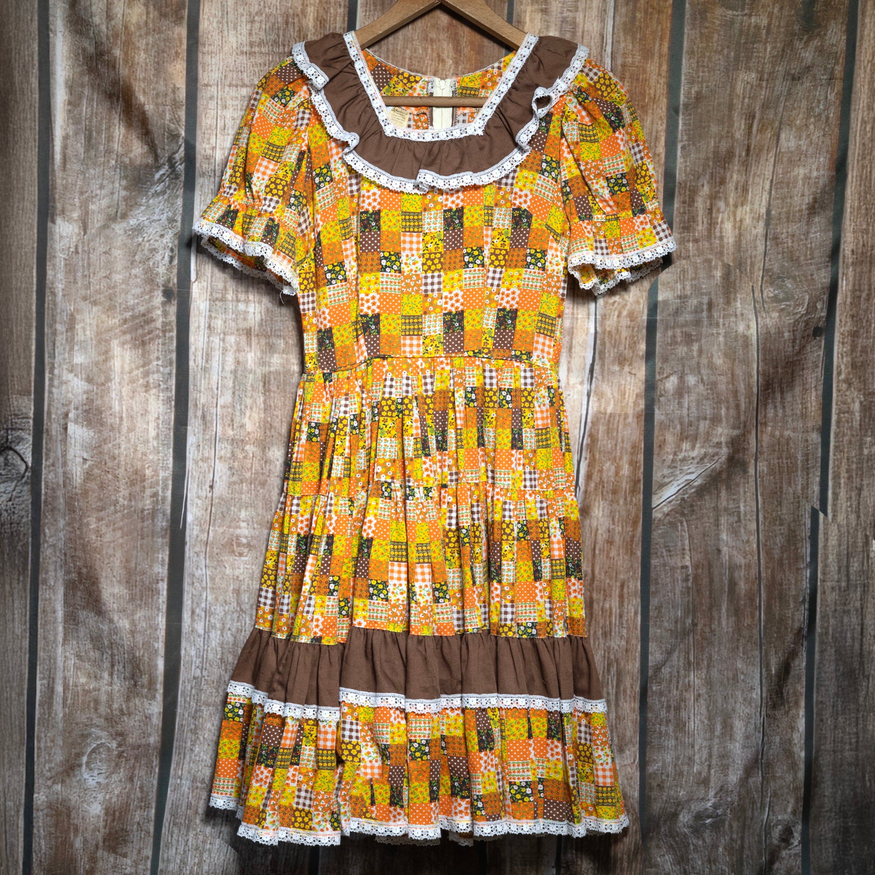 Vintage Rockmount Orange and Brown Patchwork Western Dress Size S/8