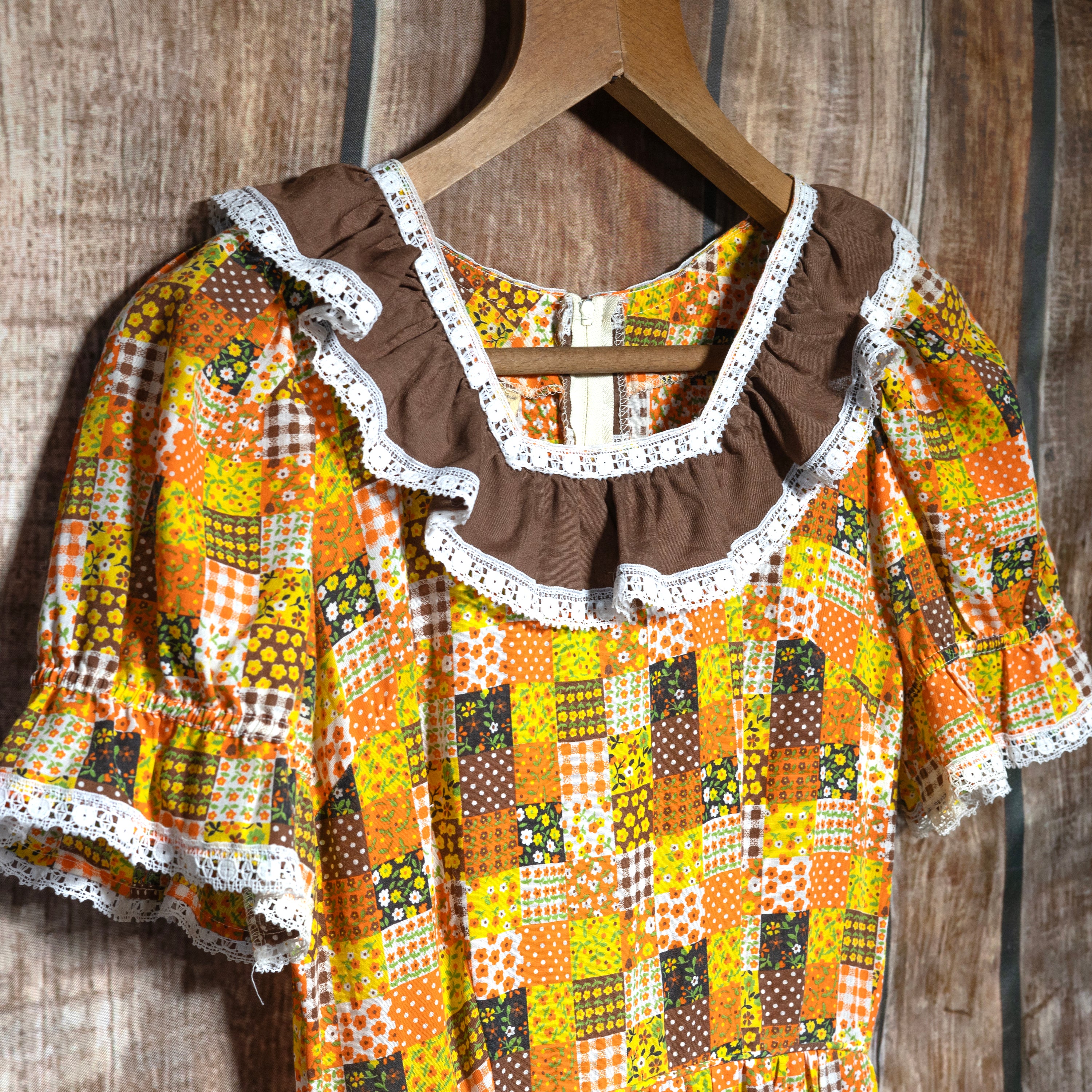 Vintage Rockmount Orange and Brown Patchwork Western Dress Size S/8