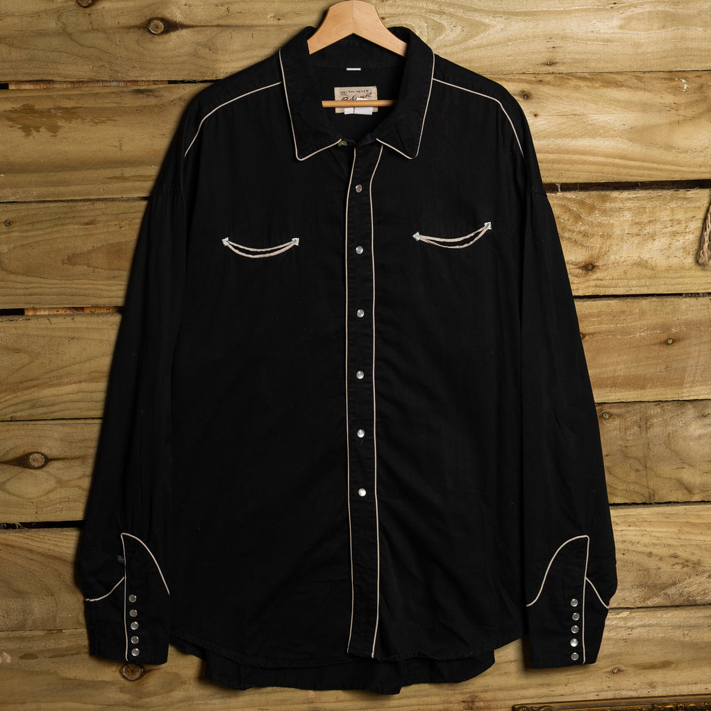 Rockmount Ranch Wear Black & White Tall Cowboy Shirt with Pearl Snaps & White Piping — 3XL