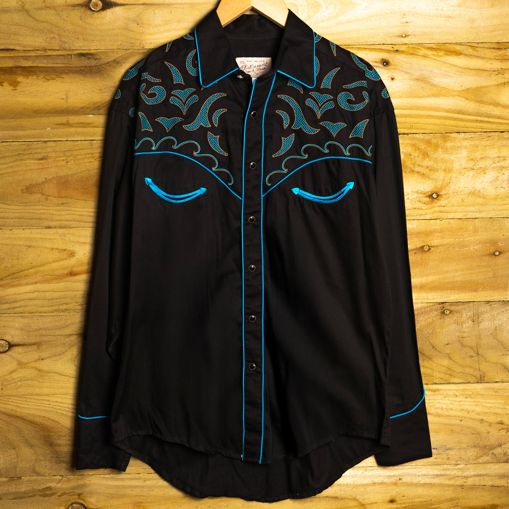 Rockmount Ranch Wear Floral Pattern Black Western Shirt - Pearl Snaps - Size L - Like New