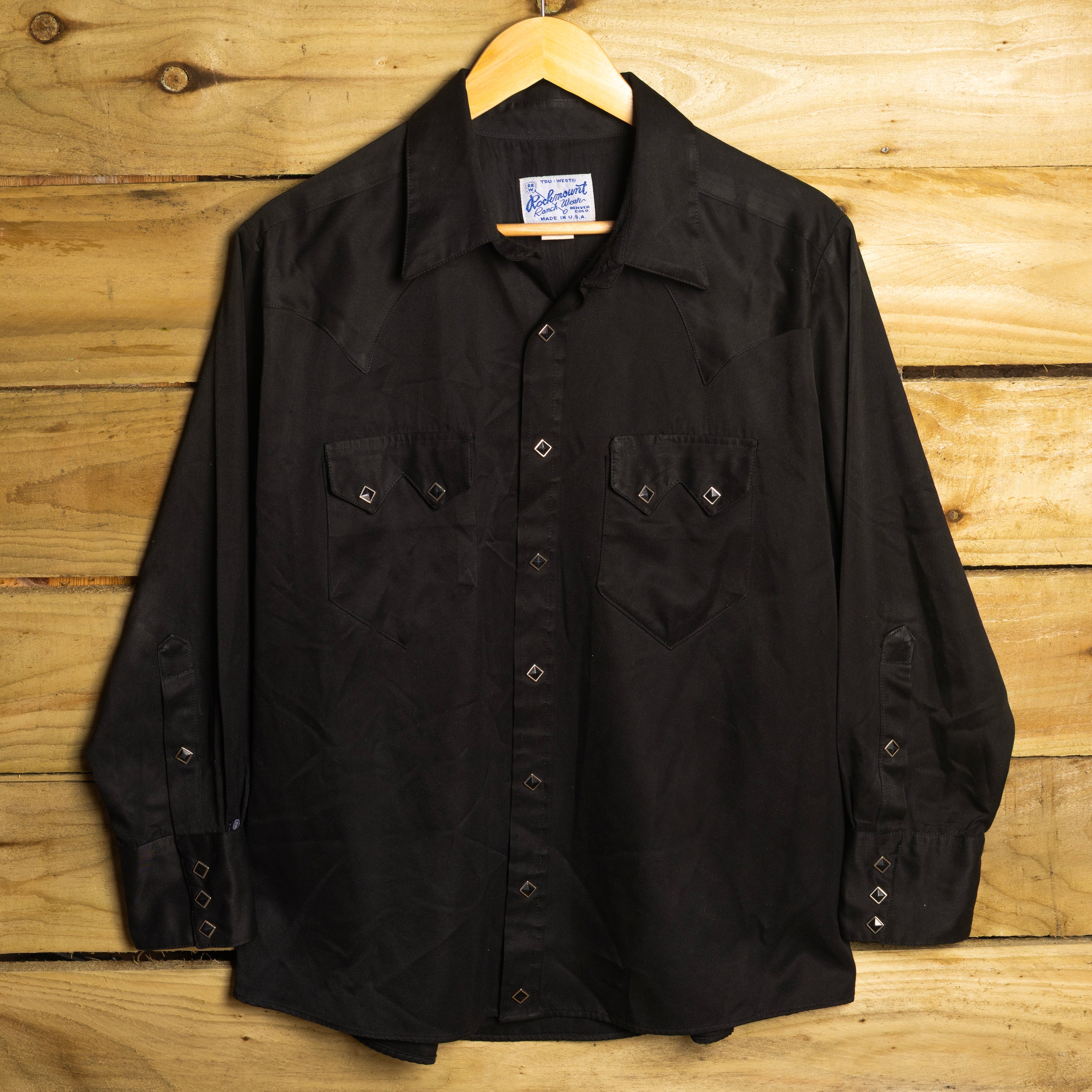 Rockmount Ranch Wear Vintage Black Pearl Snap Western Shirt with Sawtooth Pockets — Size L