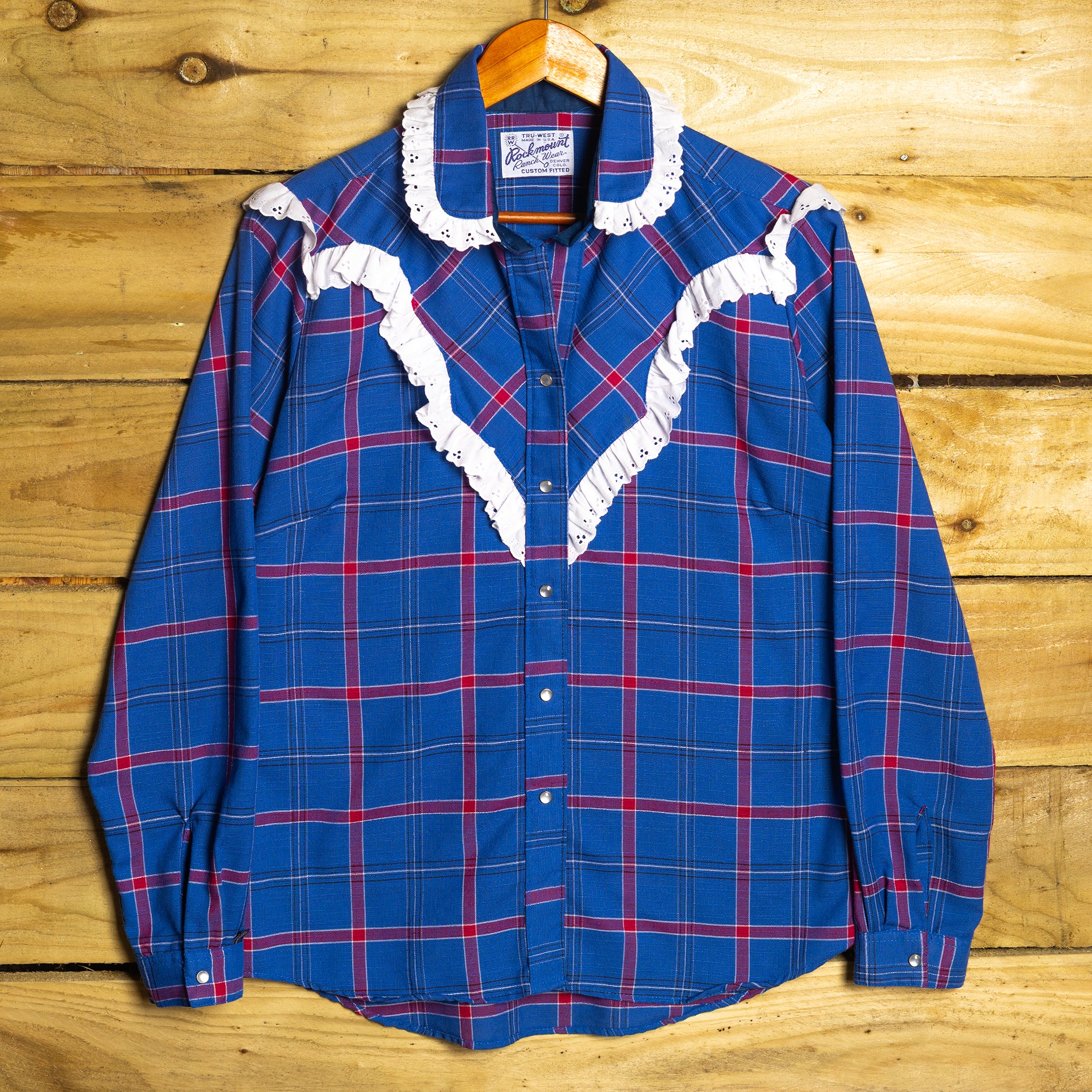 Vintage Rockmount Ranch Wear Fringed Blue & Red Western Shirt – Pearl Snaps, Size M (12-14)