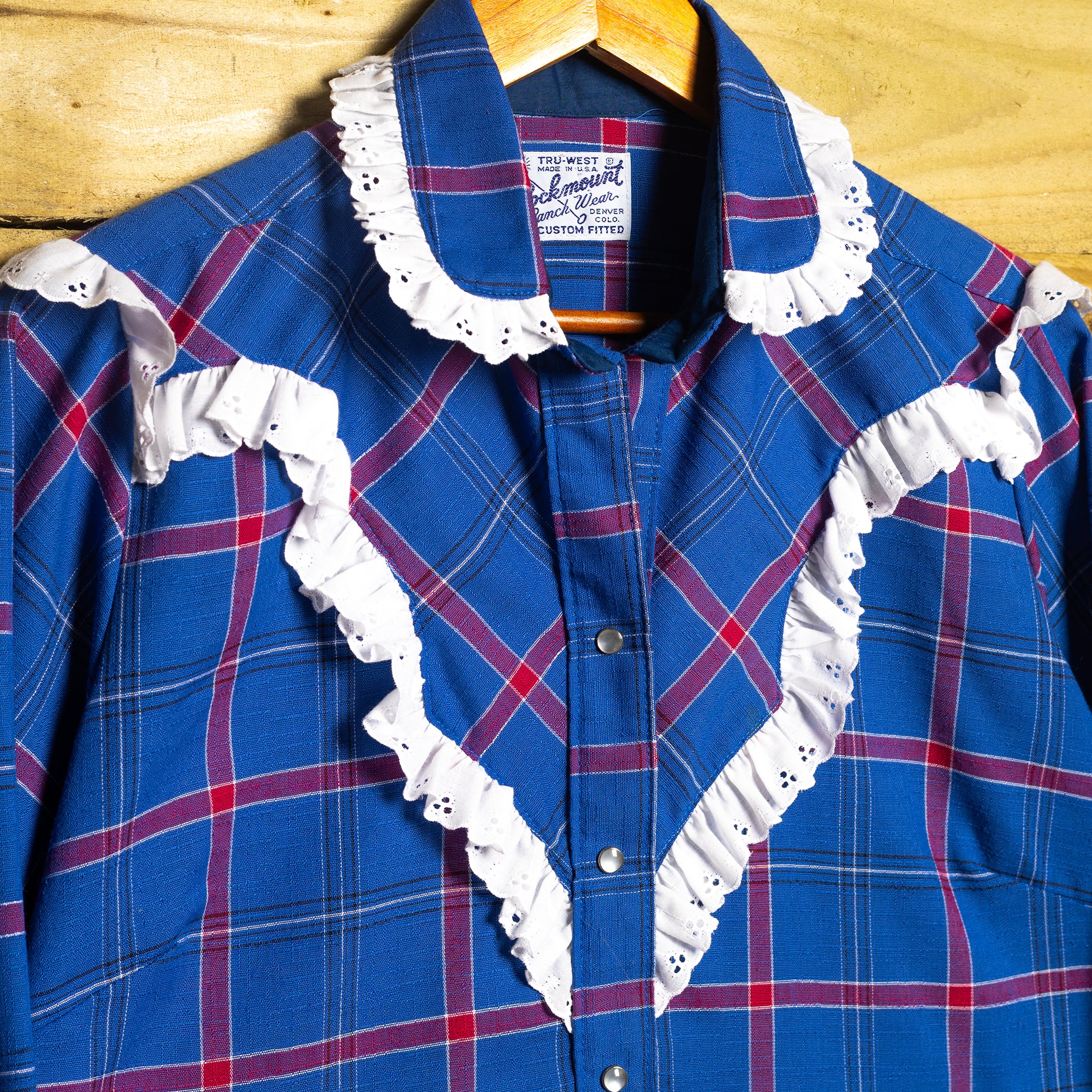 Vintage Rockmount Ranch Wear Fringed Blue & Red Western Shirt – Pearl Snaps, Size M (12-14)