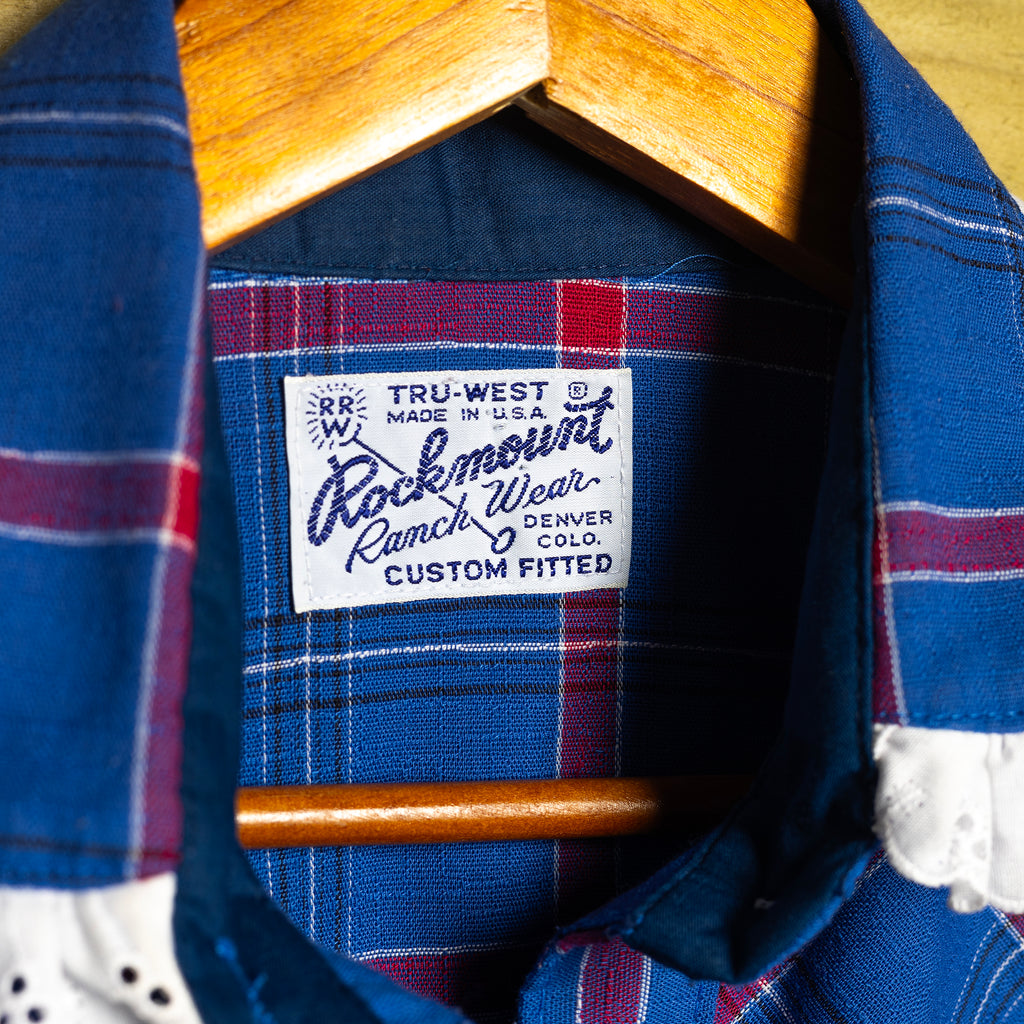 Vintage Rockmount Ranch Wear Fringed Blue & Red Western Shirt – Pearl Snaps, Size M (12-14)