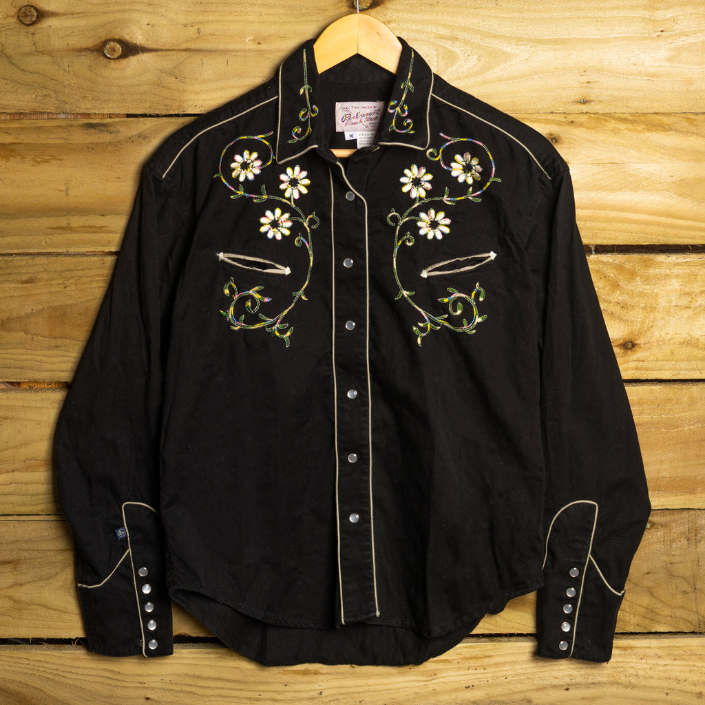 Rockmount Ranch Wear Vintage Black Floral Embroidered Pearl Snap Cowgirl Shirt — Size M