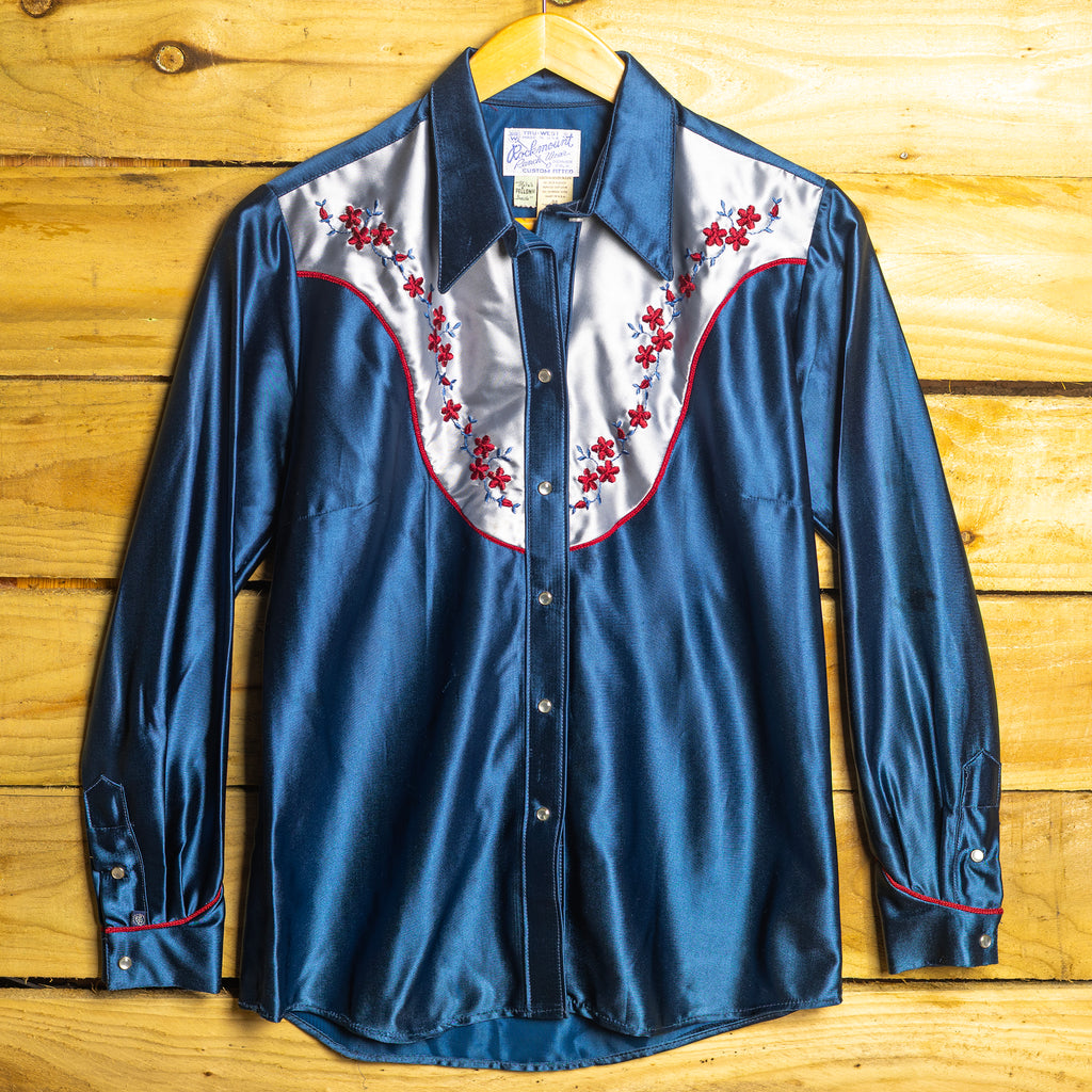 Rockmount Ranch Wear Blue Floral Embroidered Cowgirl Shirt – Pearl Snaps – Size S–M (12–14)