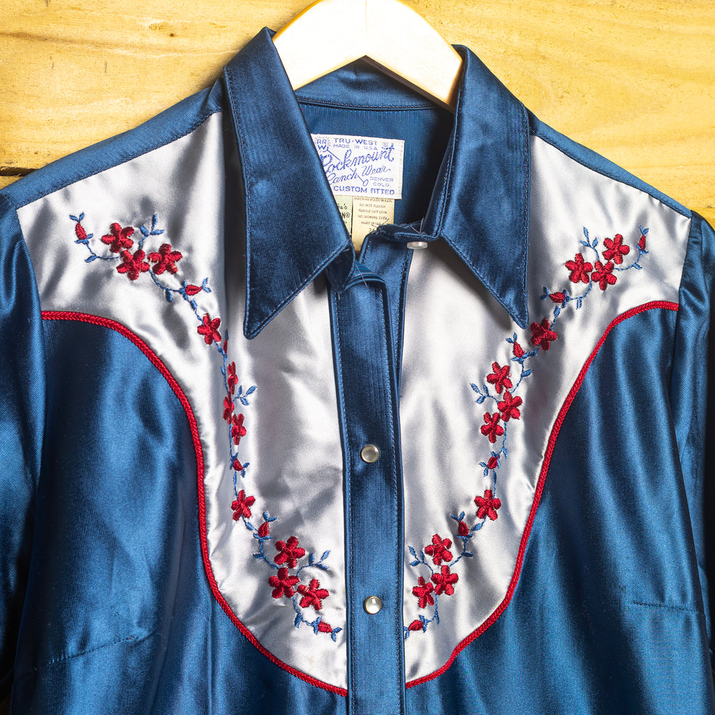 Rockmount Ranch Wear Blue Floral Embroidered Cowgirl Shirt – Pearl Snaps – Size S–M (12–14)