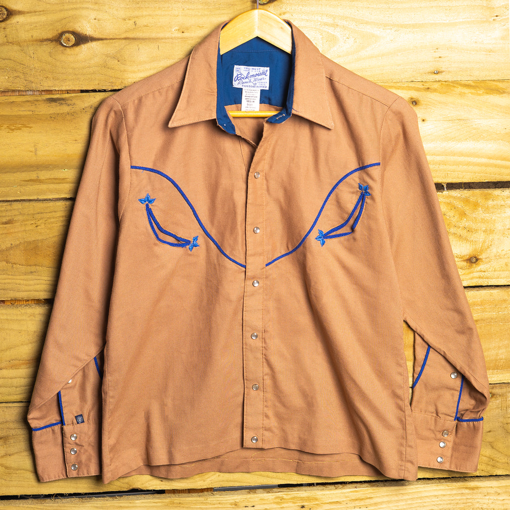 Rockmount Ranch Wear Brown & Blue Piping Western Shirt – Smile Pockets, Pearl Snaps – Size M (12–14)