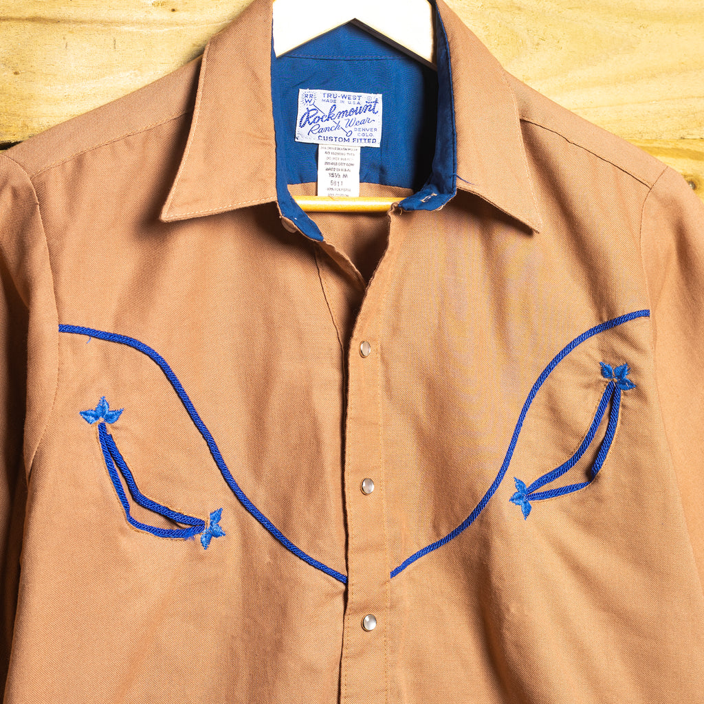 Rockmount Ranch Wear Brown & Blue Piping Western Shirt – Smile Pockets, Pearl Snaps – Size M (12–14)
