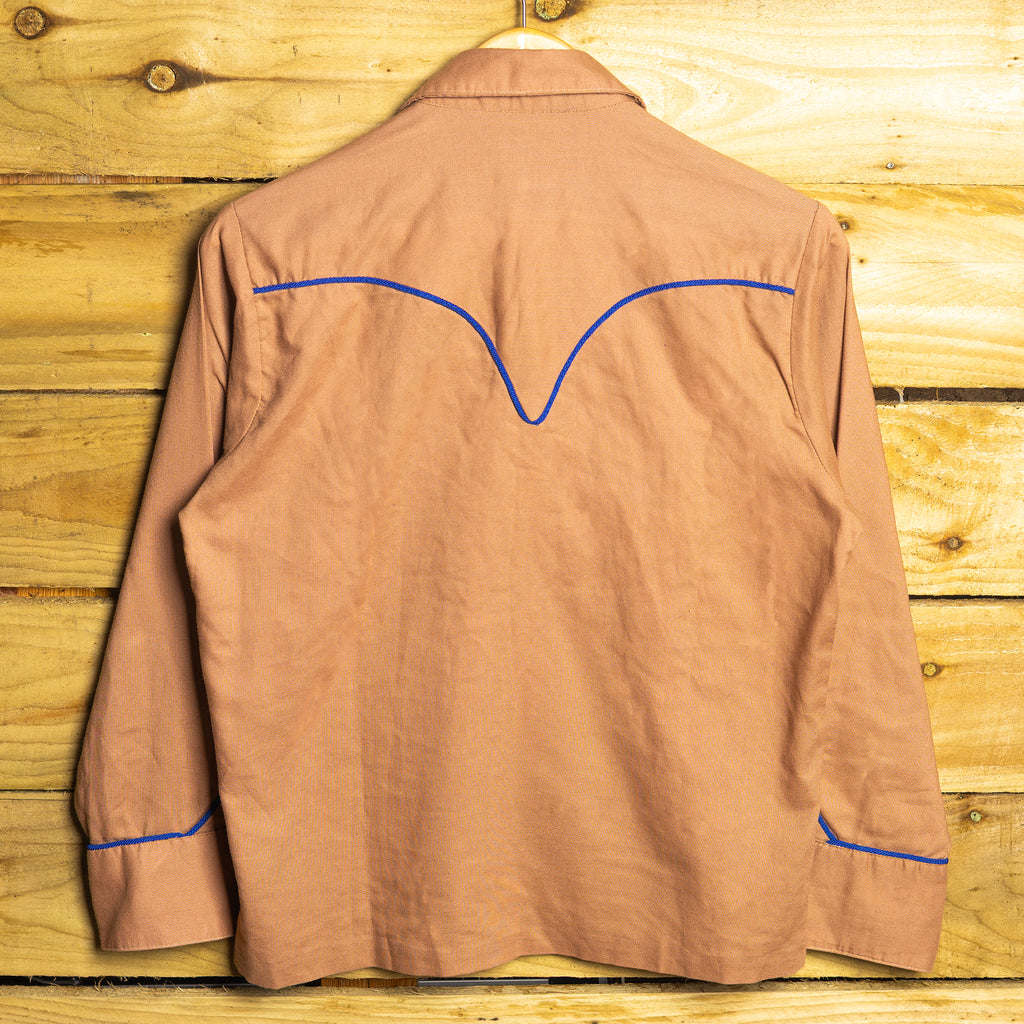 Rockmount Ranch Wear Brown & Blue Piping Western Shirt – Smile Pockets, Pearl Snaps – Size M (12–14)
