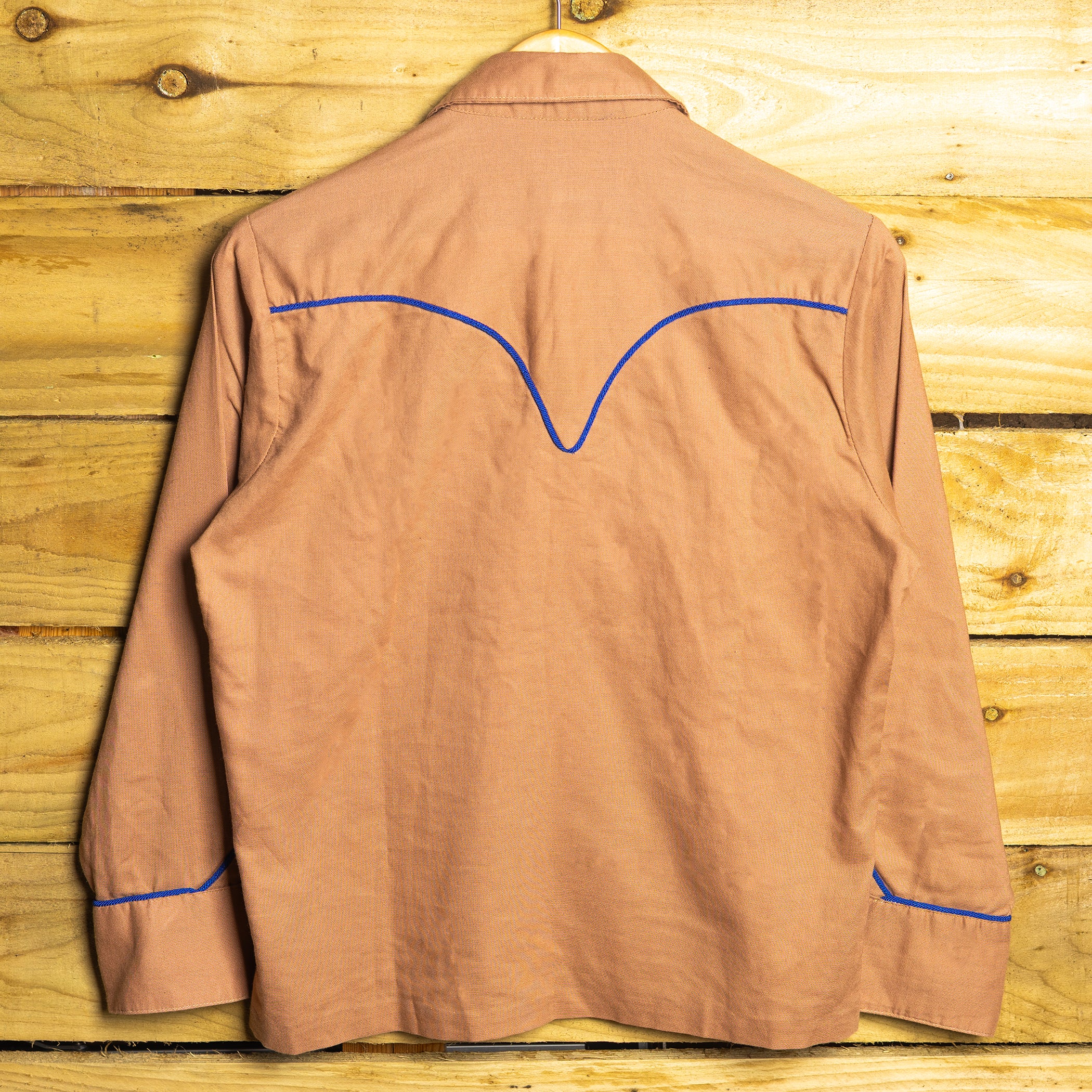 Rockmount Ranch Wear Brown & Blue Piping Western Shirt – Smile Pockets, Pearl Snaps – Size M (12–14)