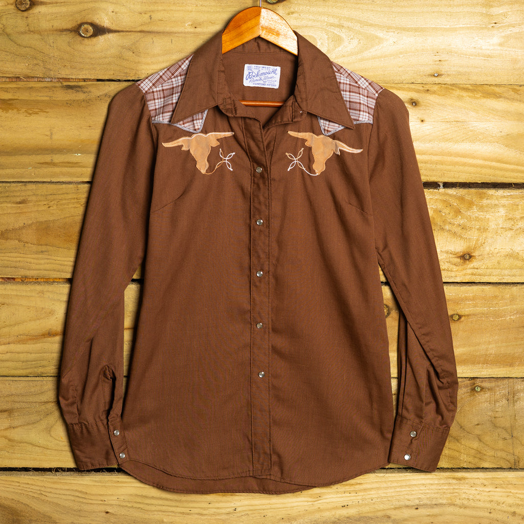 Vintage 1970s Rockmount Ranchwear Brown Cowboy Shirt with Embroidered Bull - Size Medium