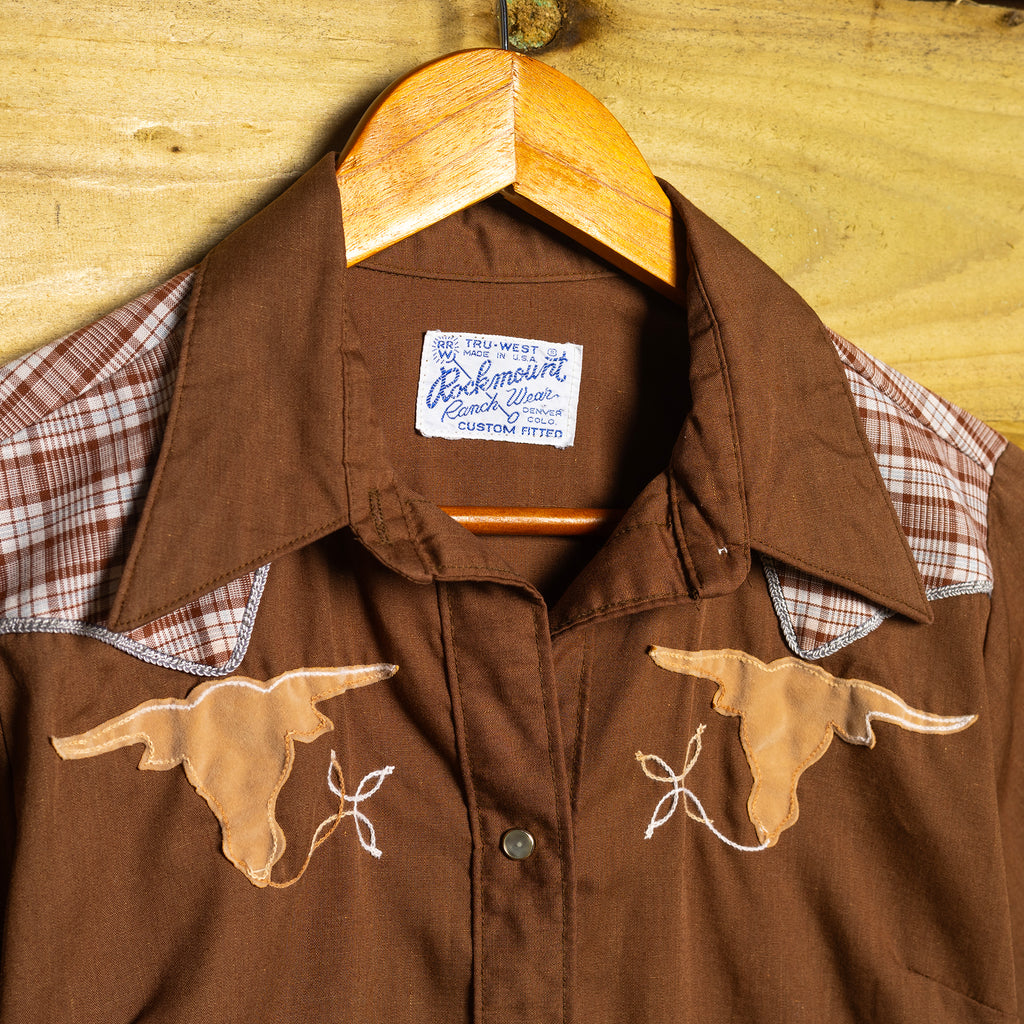 Vintage 1970s Rockmount Ranchwear Brown Cowboy Shirt with Embroidered Bull - Size Medium