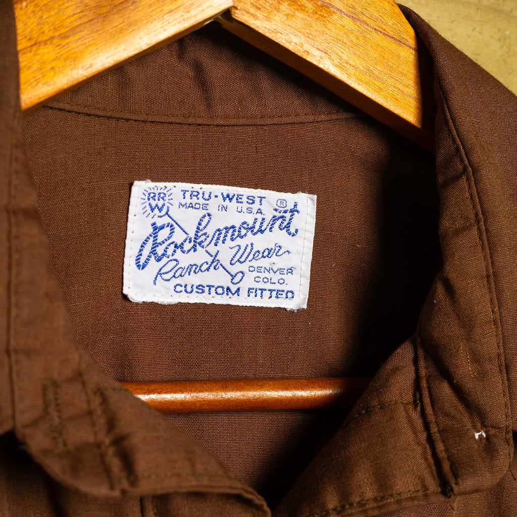 Vintage 1970s Rockmount Ranchwear Brown Cowboy Shirt with Embroidered Bull - Size Medium