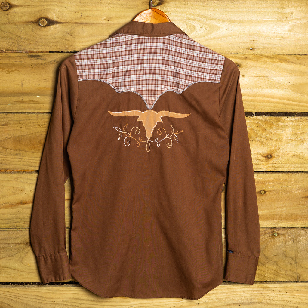 Vintage 1970s Rockmount Ranchwear Brown Cowboy Shirt with Embroidered Bull - Size Medium