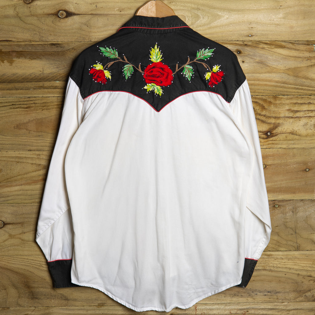 Vintage Rockmount Ranchwear Embroidered Cream and Black Rhinestone Western Shirt M