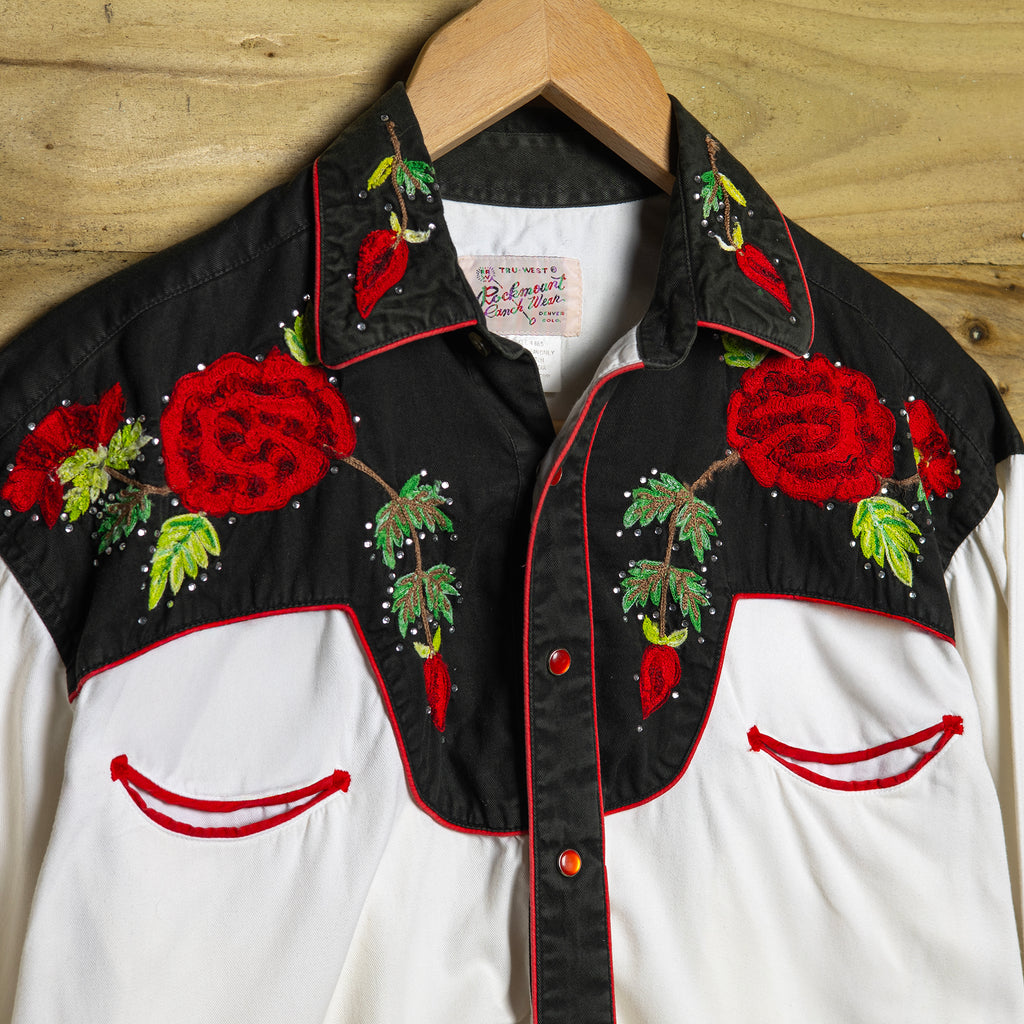 Vintage Rockmount Ranchwear Embroidered Cream and Black Rhinestone Western Shirt M