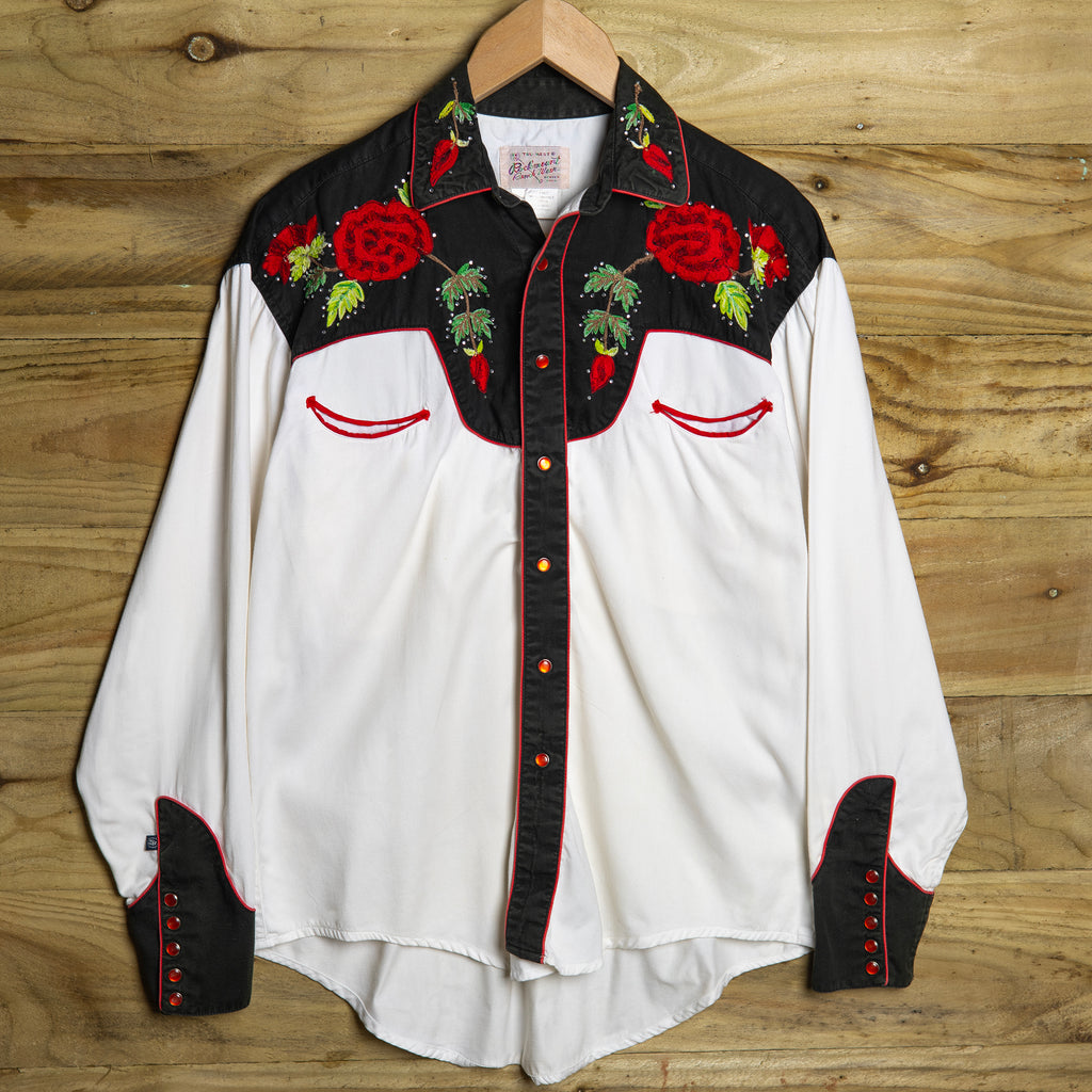 Vintage Rockmount Ranchwear Embroidered Cream and Black Rhinestone Western Shirt M