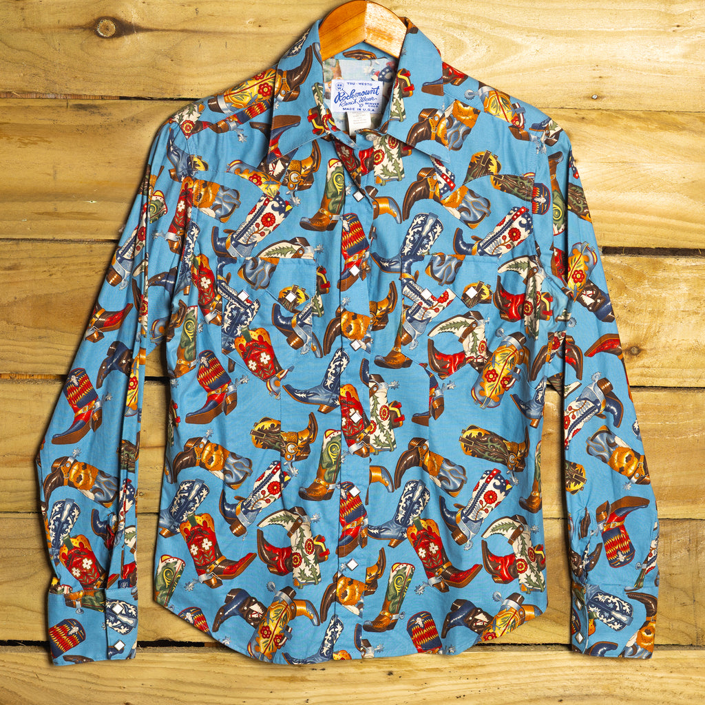 Rockmount Ranchwear Women's Blue Cowboy Boot Print Shirt with Pearl Snaps - Size Large