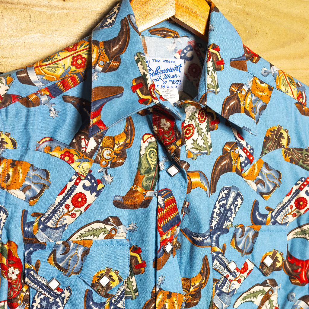 Rockmount Ranchwear Women's Blue Cowboy Boot Print Shirt with Pearl Snaps - Size Large