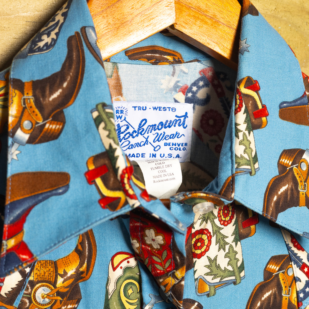 Rockmount Ranchwear Women's Blue Cowboy Boot Print Shirt with Pearl Snaps - Size Large