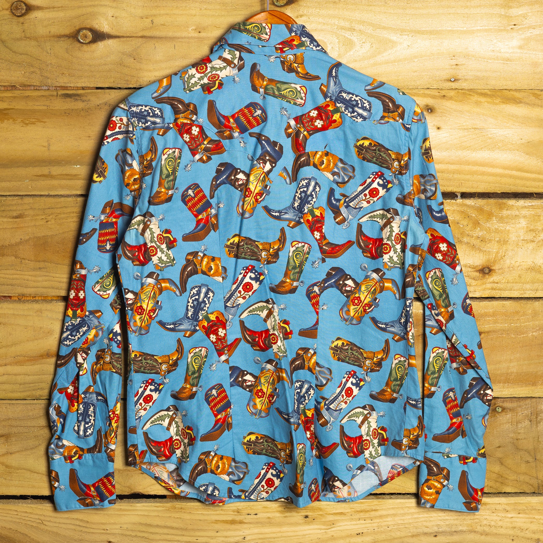 Rockmount Ranchwear Women's Blue Cowboy Boot Print Shirt with Pearl Snaps - Size Large