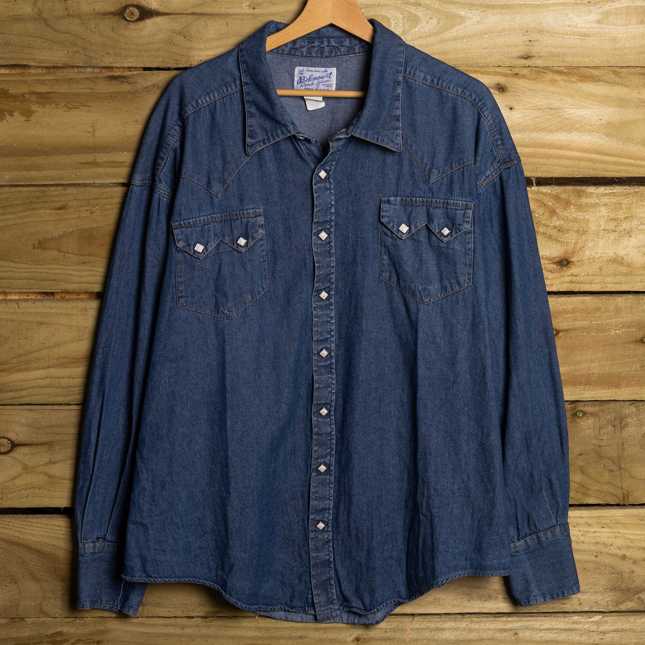 Rockmount Ranch Wear Blue Denim Cowboy Shirt with Square Pearl Snaps — 3XL