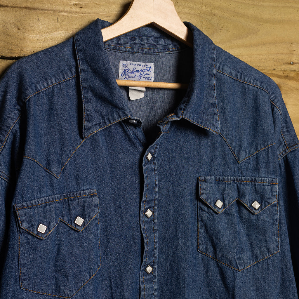 Rockmount Ranch Wear Blue Denim Cowboy Shirt with Square Pearl Snaps — 3XL