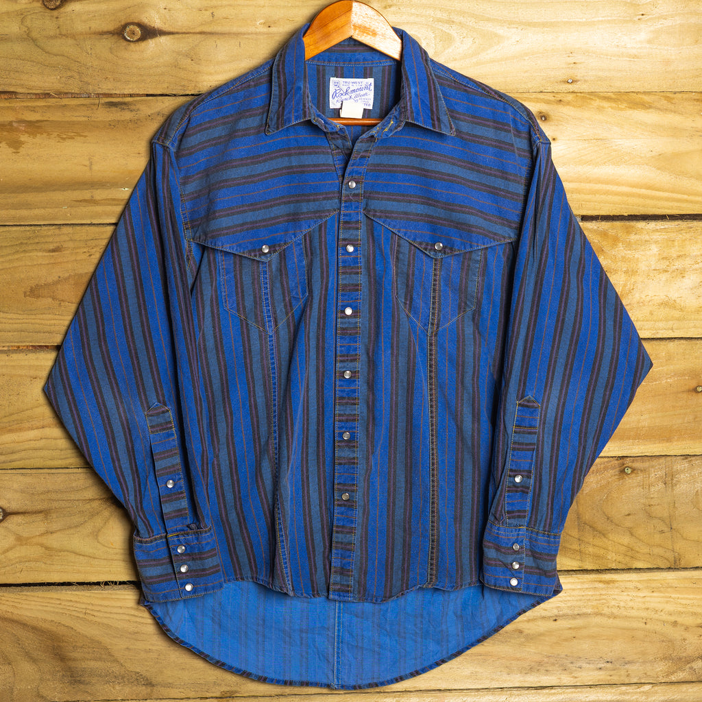 Vintage Rockmount Ranch Wear Blue Striped Western Shirt – Pearl Snaps, Size M