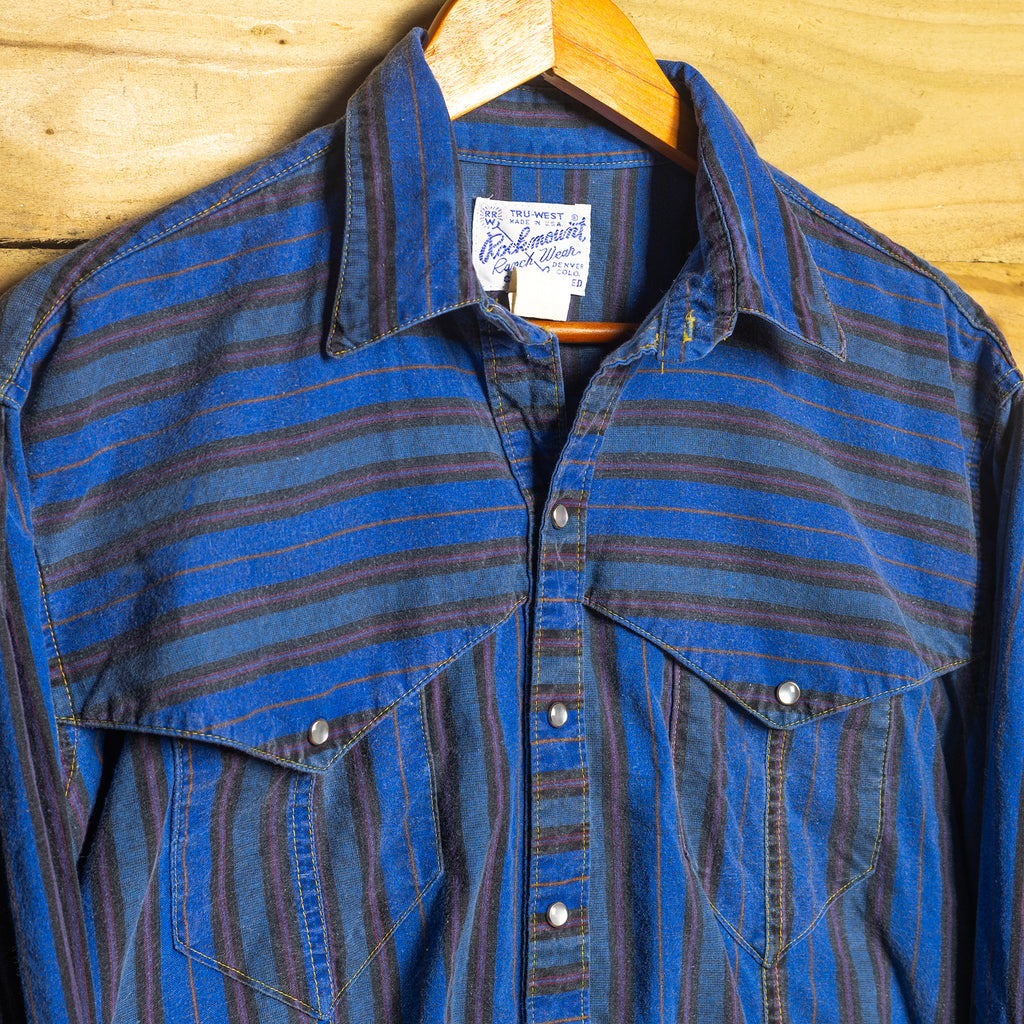 Vintage Rockmount Ranch Wear Blue Striped Western Shirt – Pearl Snaps, Size M