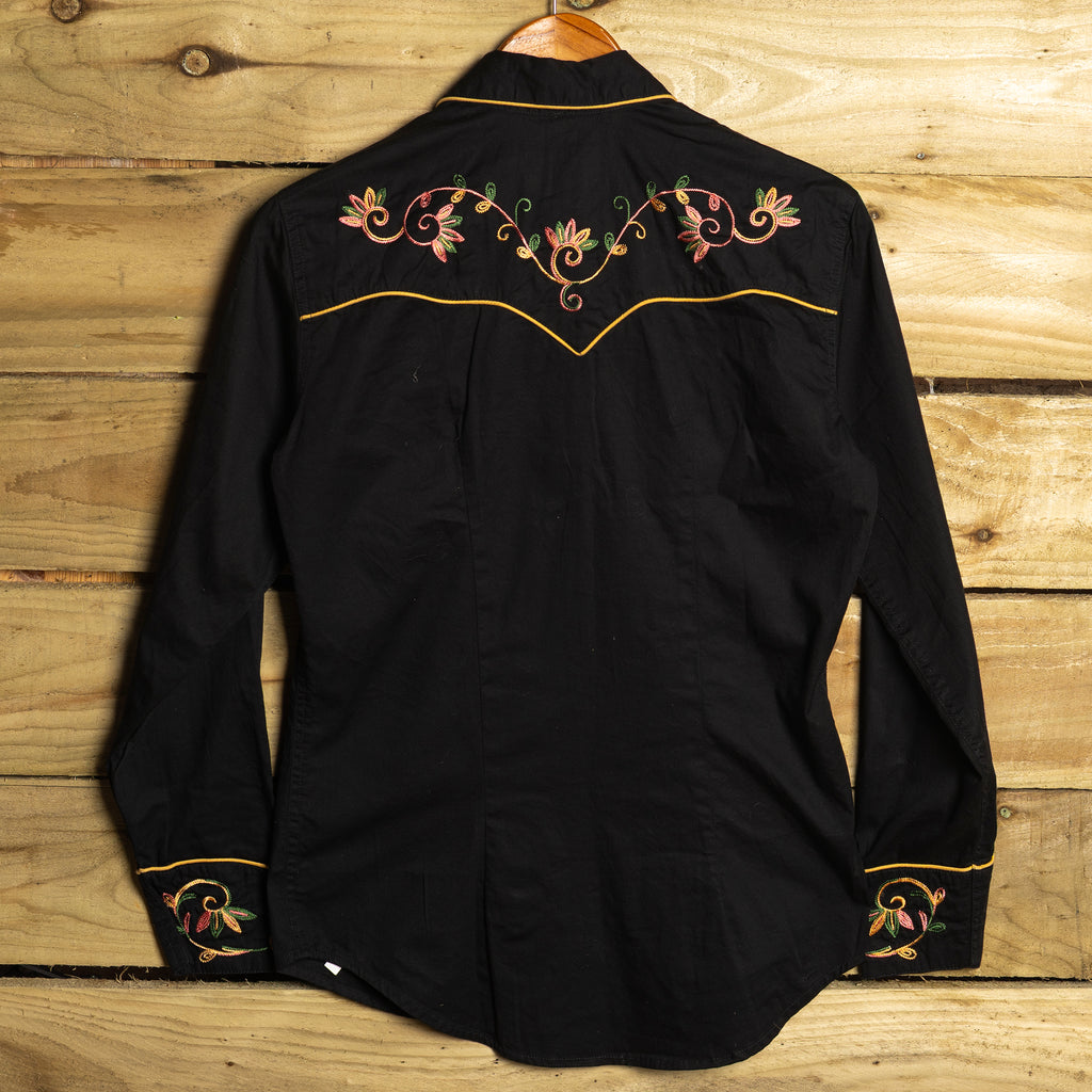 Rockmount Ranch Wear Floral Embroidered Black Cowgirl Shirt — Pearl Snaps | Women's M
