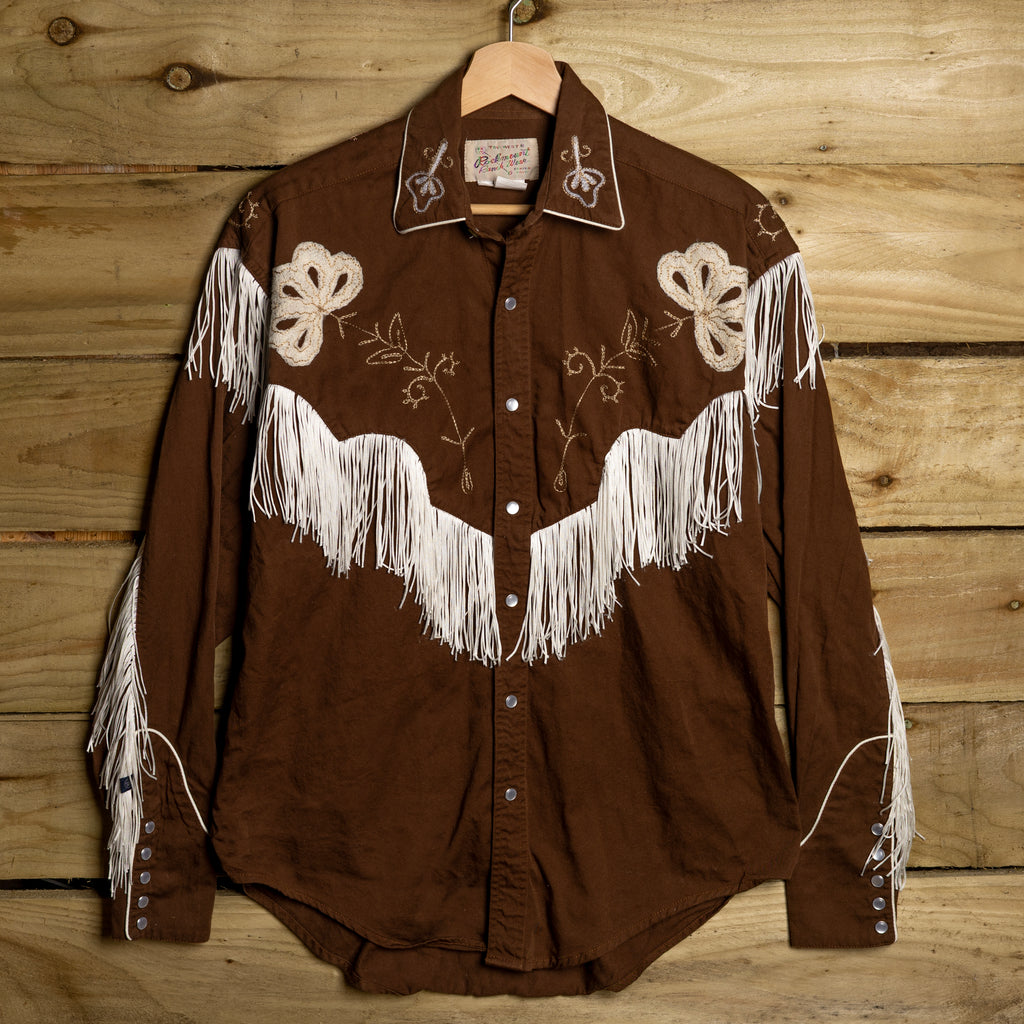 Rockmount Ranch Wear Fringed Brown Floral Embroidered Western Shirt - Pearl Snaps - Size S