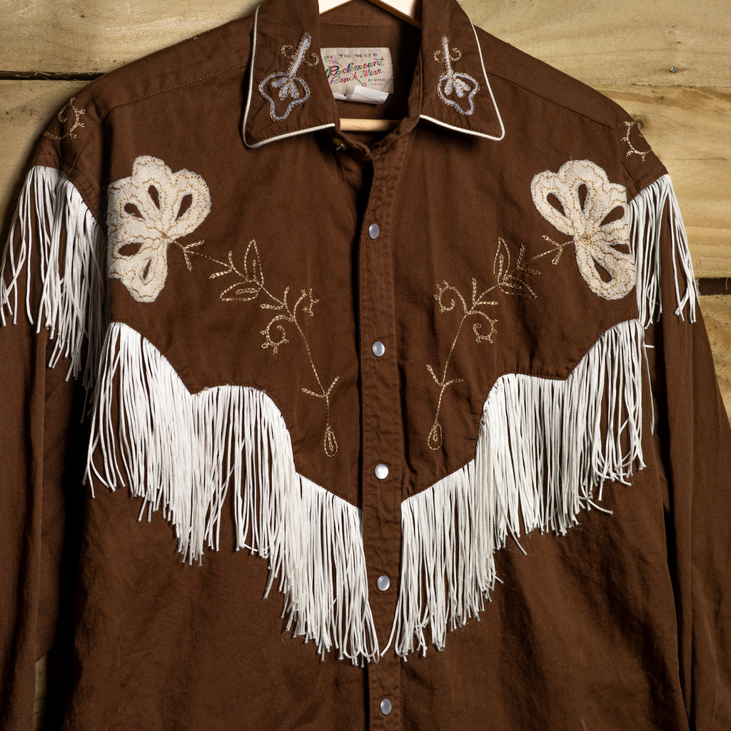 Rockmount Ranch Wear Fringed Brown Floral Embroidered Western Shirt - Pearl Snaps - Size S