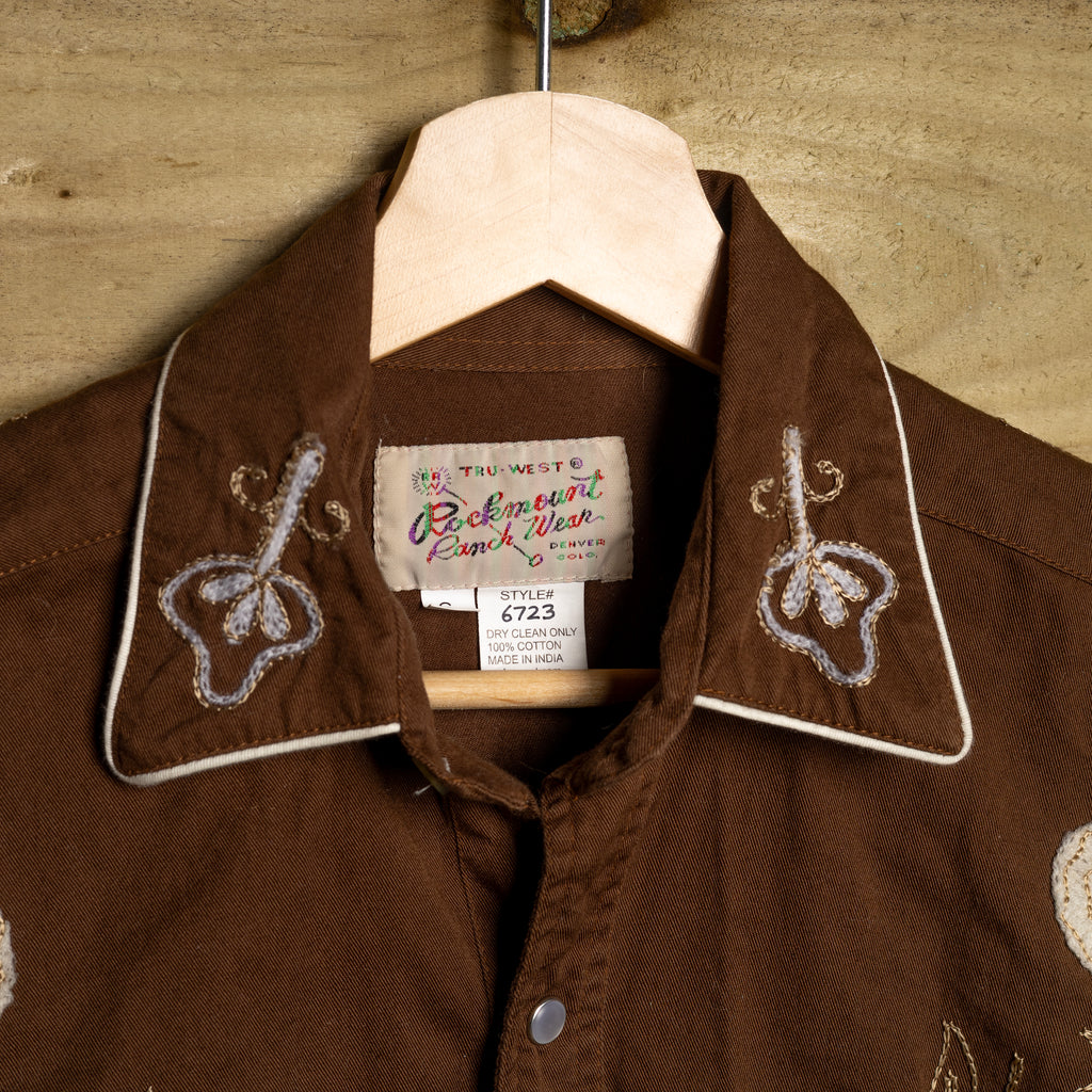 Rockmount Ranch Wear Fringed Brown Floral Embroidered Western Shirt - Pearl Snaps - Size S