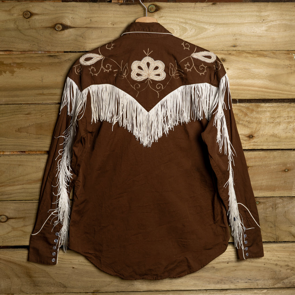Rockmount Ranch Wear Fringed Brown Floral Embroidered Western Shirt - Pearl Snaps - Size S