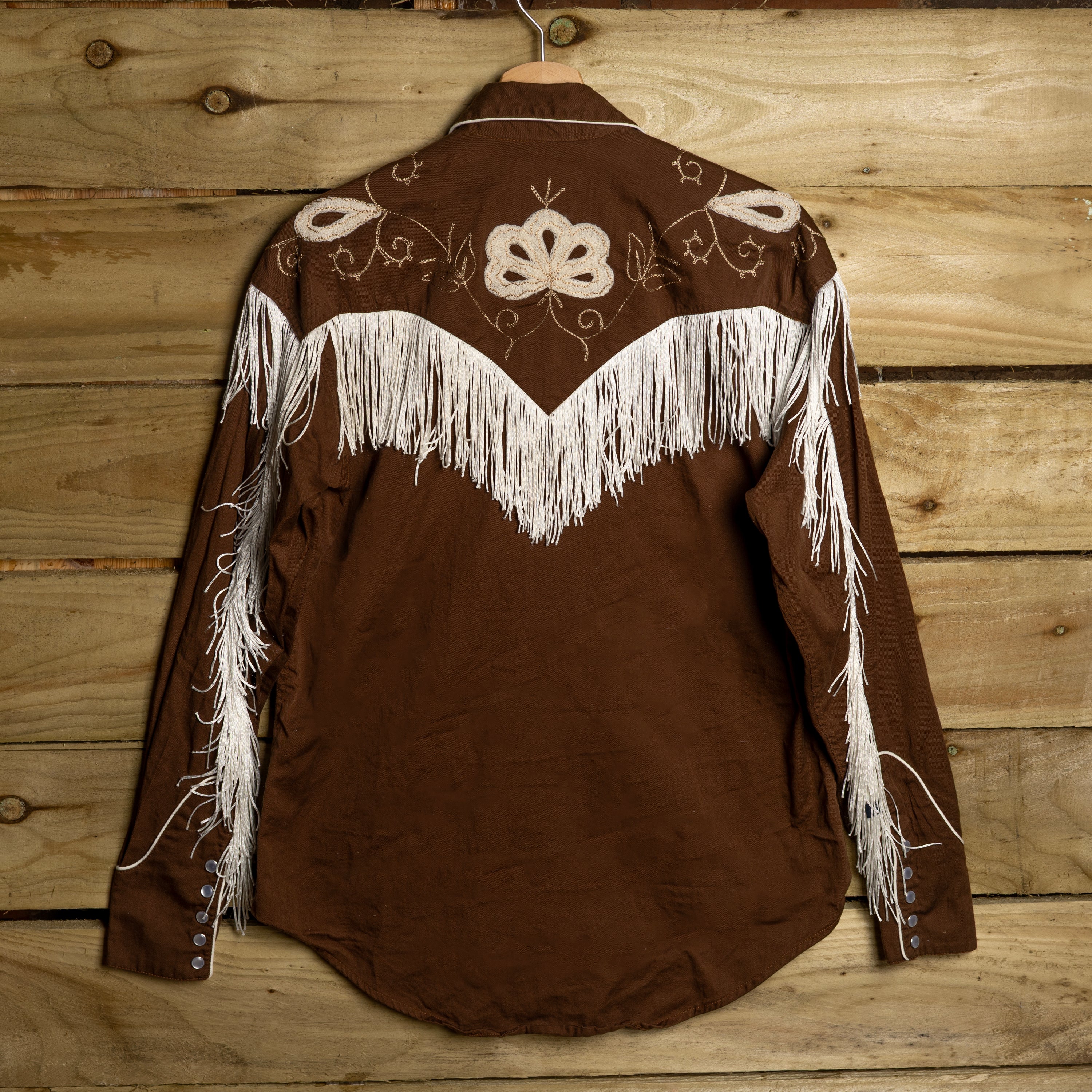Rockmount Ranch Wear Fringed Brown Floral Embroidered Western Shirt - Pearl Snaps - Size S