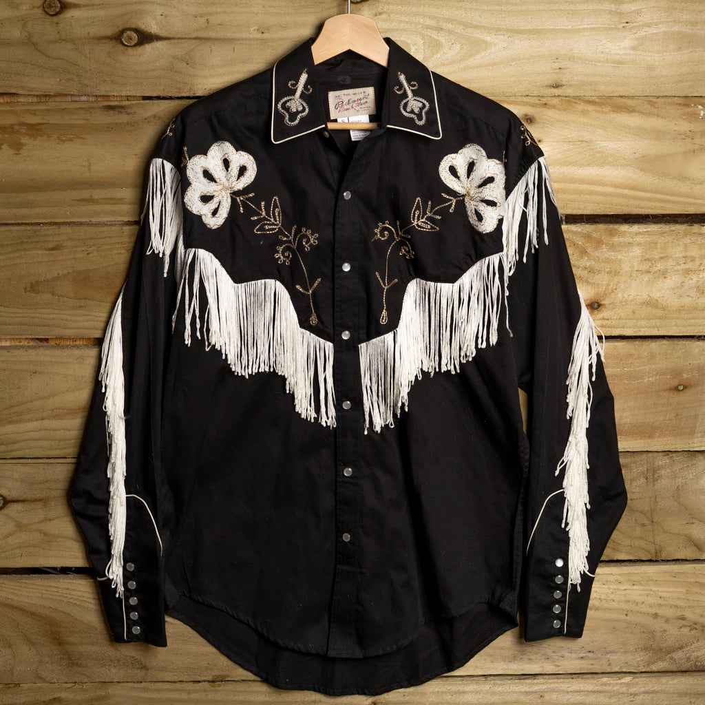 Rockmount Ranch Wear Fringed Black Floral Embroidered Western Shirt - Pearl Snaps - Size S