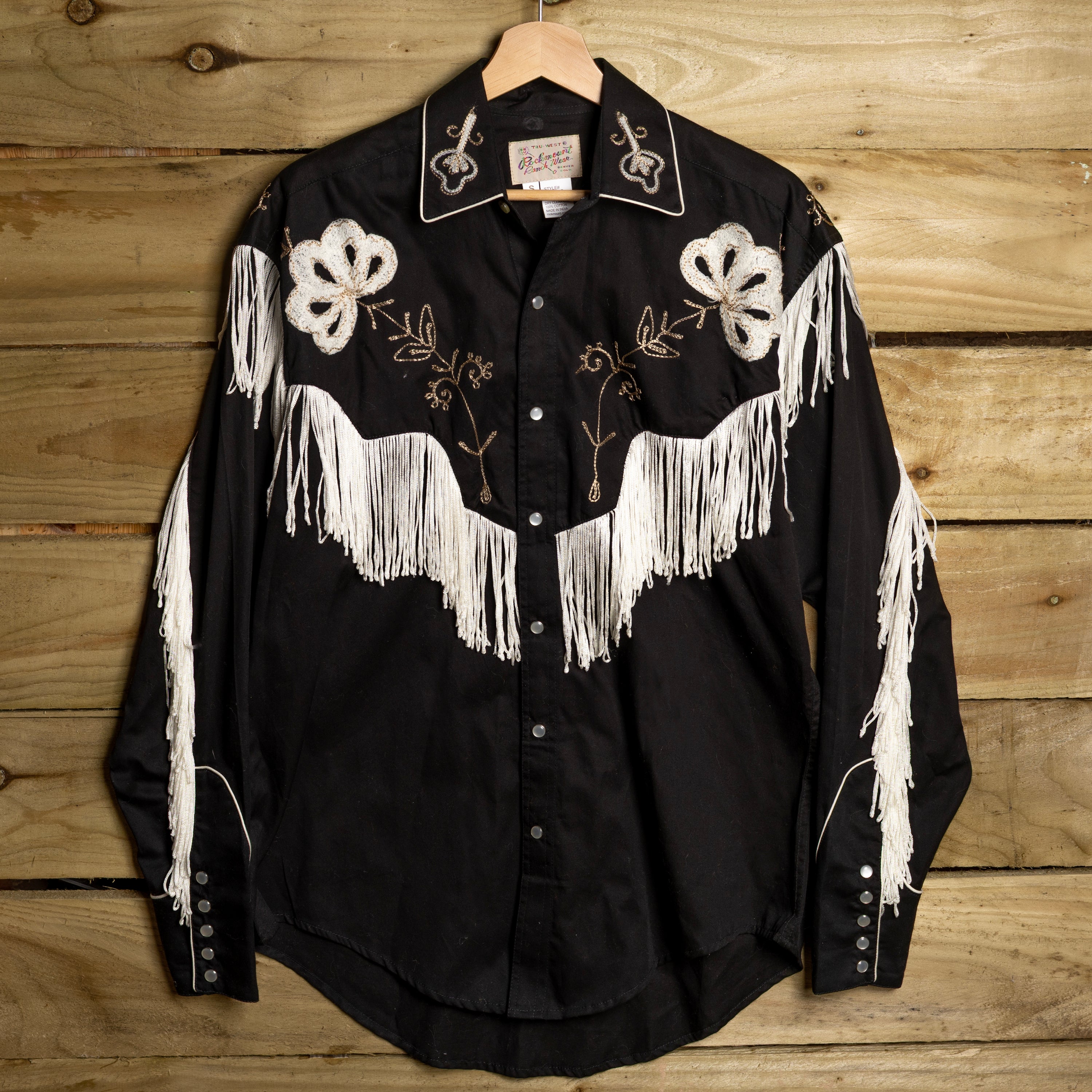 Rockmount Ranch Wear Fringed Black Floral Embroidered Western Shirt - Pearl Snaps - Size S