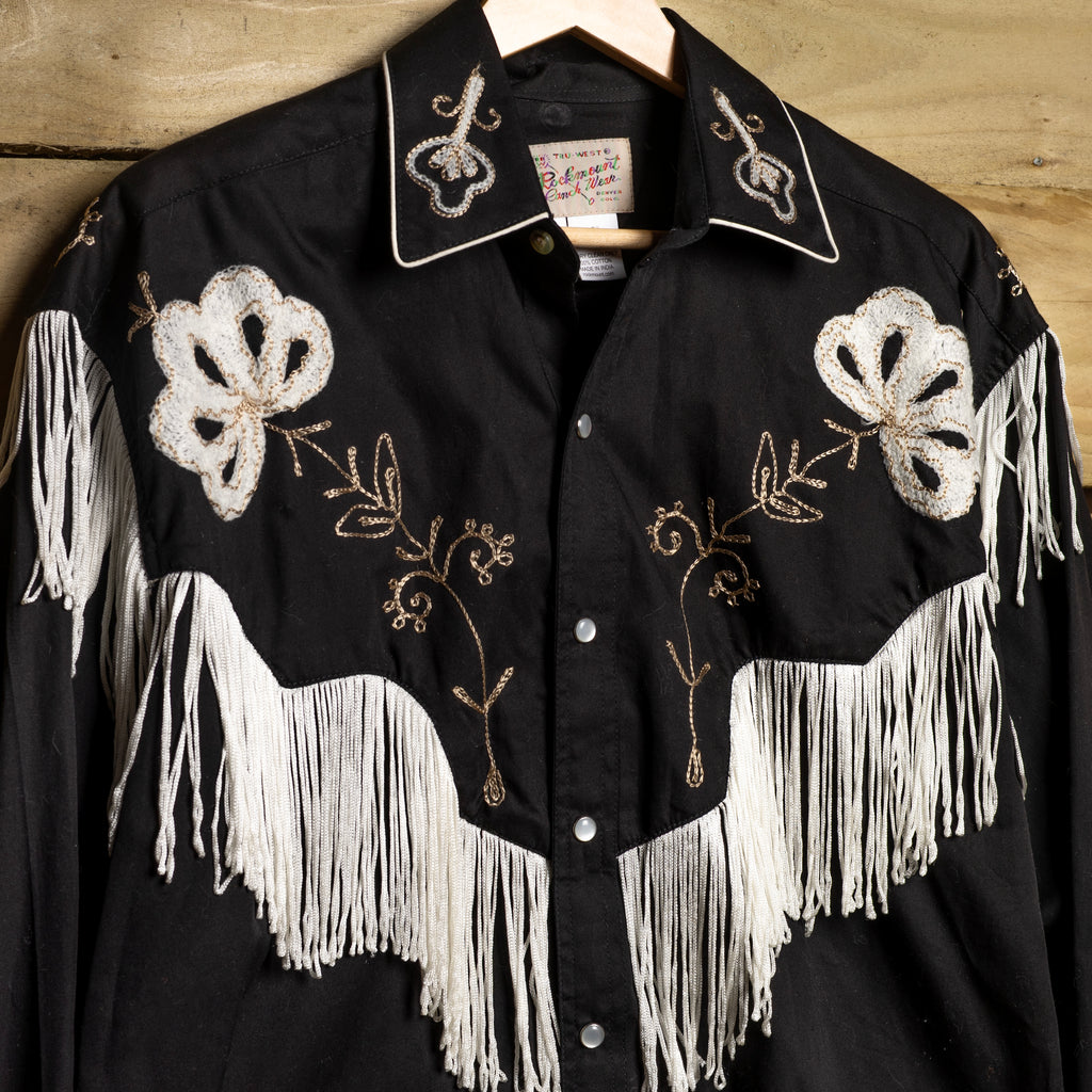 Rockmount Ranch Wear Fringed Black Floral Embroidered Western Shirt - Pearl Snaps - Size S