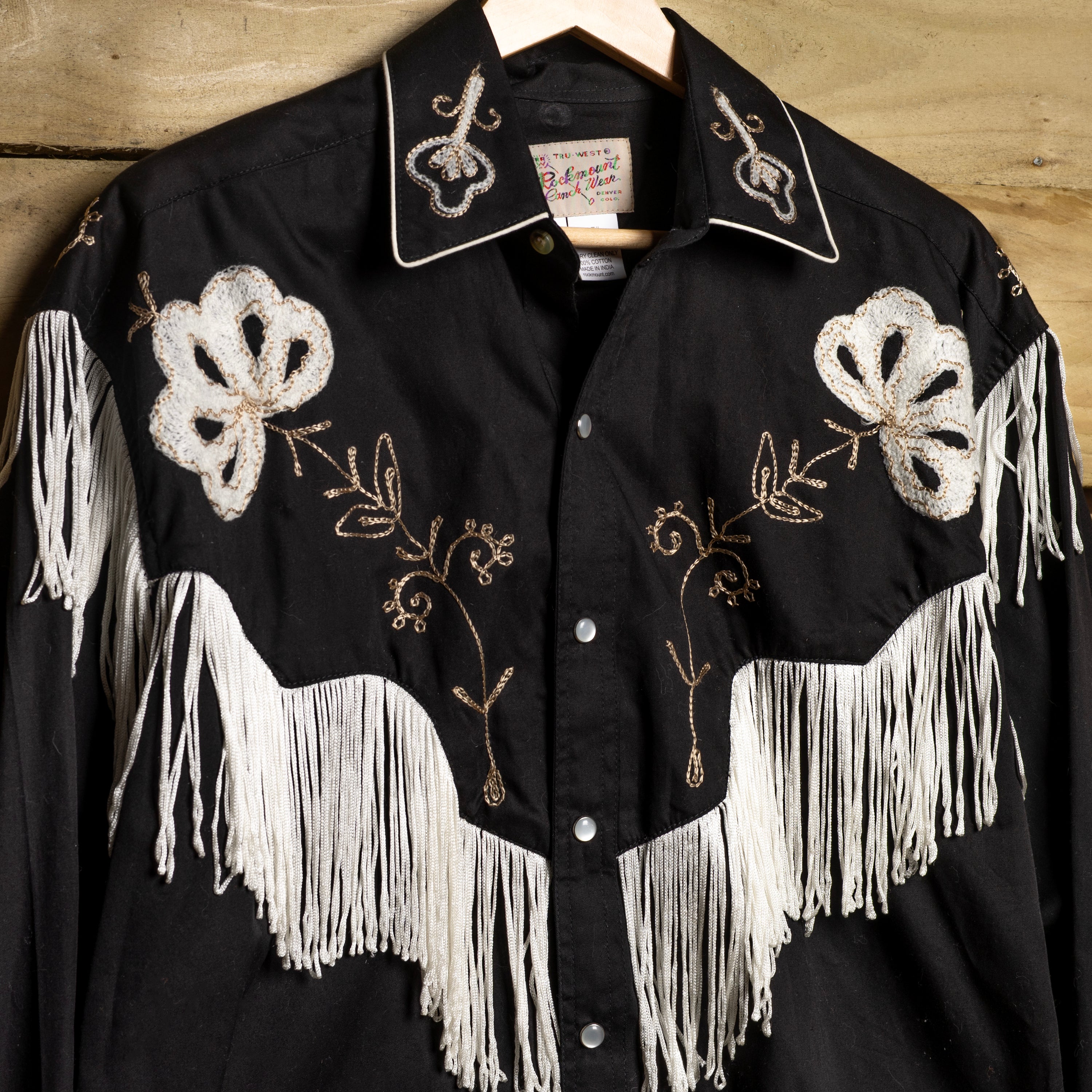 Rockmount Ranch Wear Fringed Black Floral Embroidered Western Shirt - Pearl Snaps - Size S