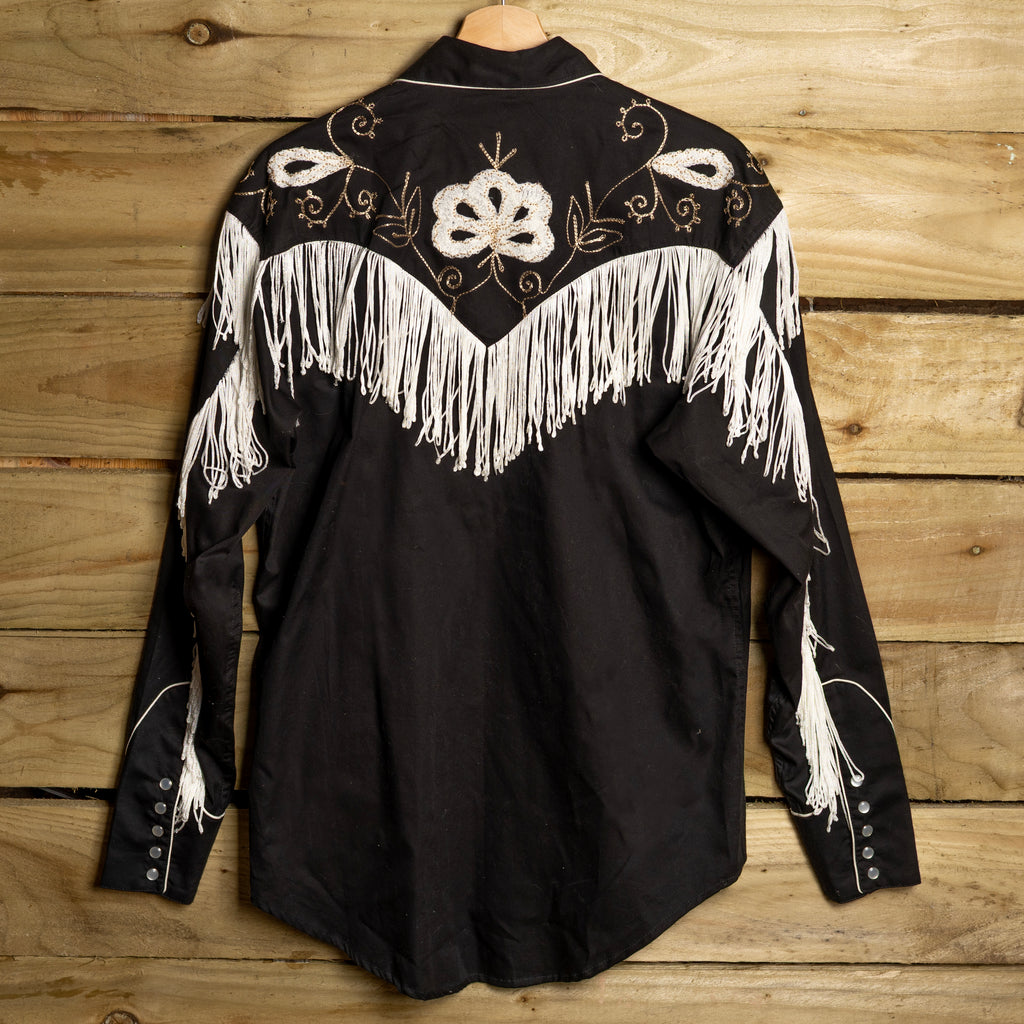 Rockmount Ranch Wear Fringed Black Floral Embroidered Western Shirt - Pearl Snaps - Size S