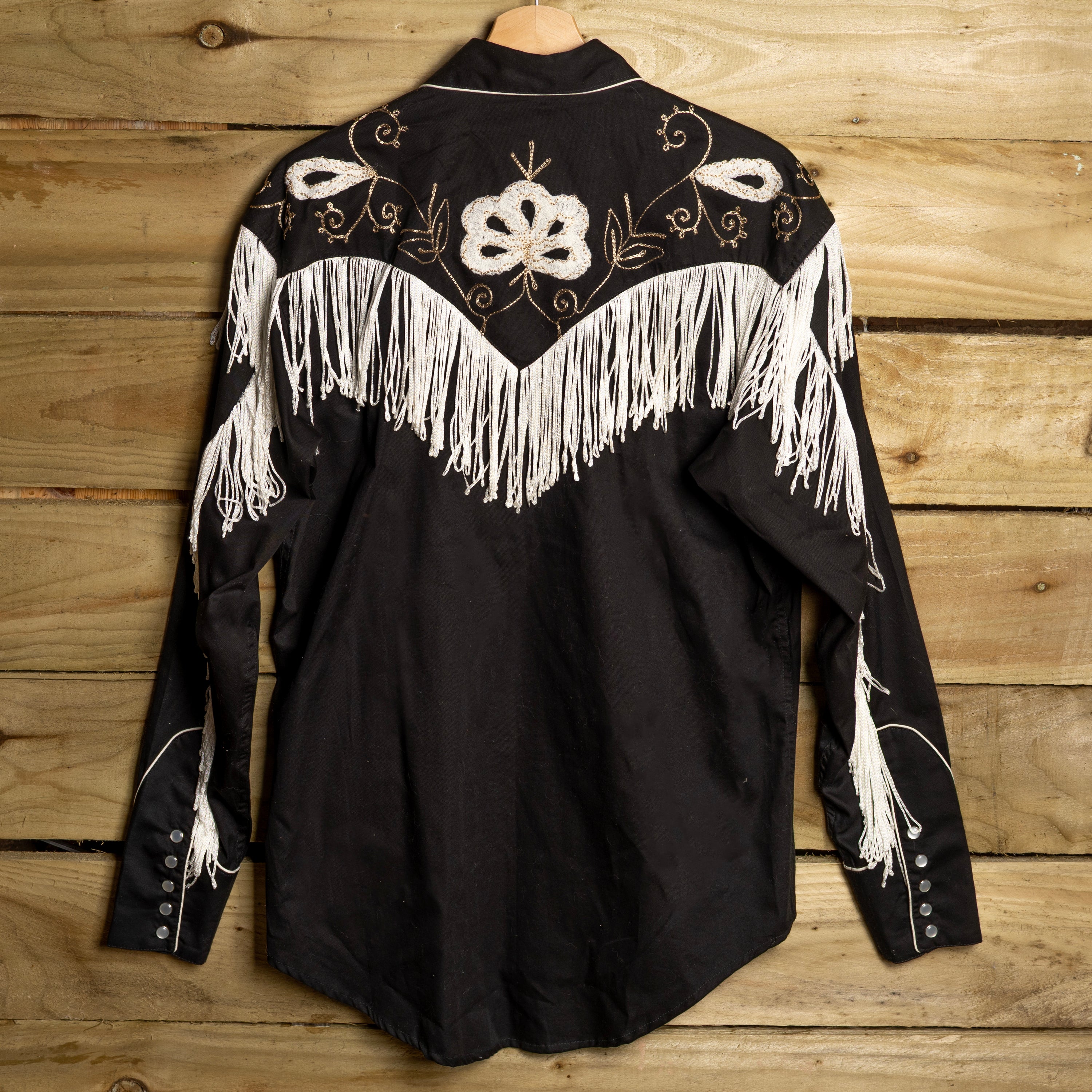 Rockmount Ranch Wear Fringed Black Floral Embroidered Western Shirt - Pearl Snaps - Size S