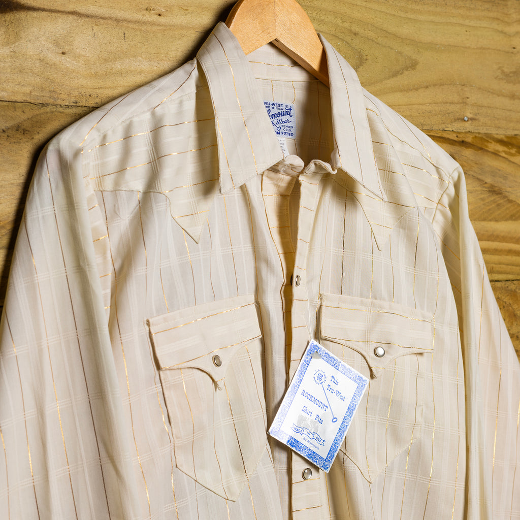 Vintage NWT Rockmount Ranchwear Mens Cream with Gold Lines Western Shirt