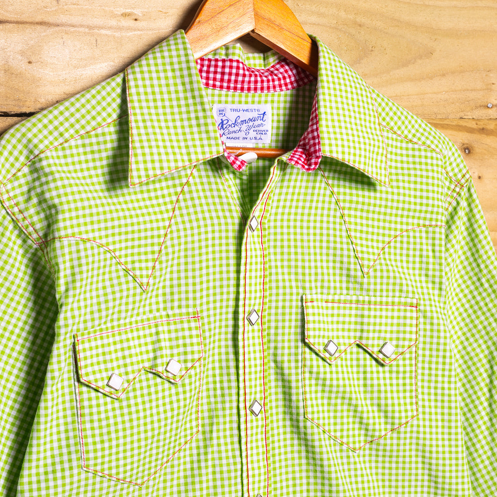 Vintage Rockmount Ranch Wear Green & White Check Western Shirt – Pearl Snaps, Size 10-12