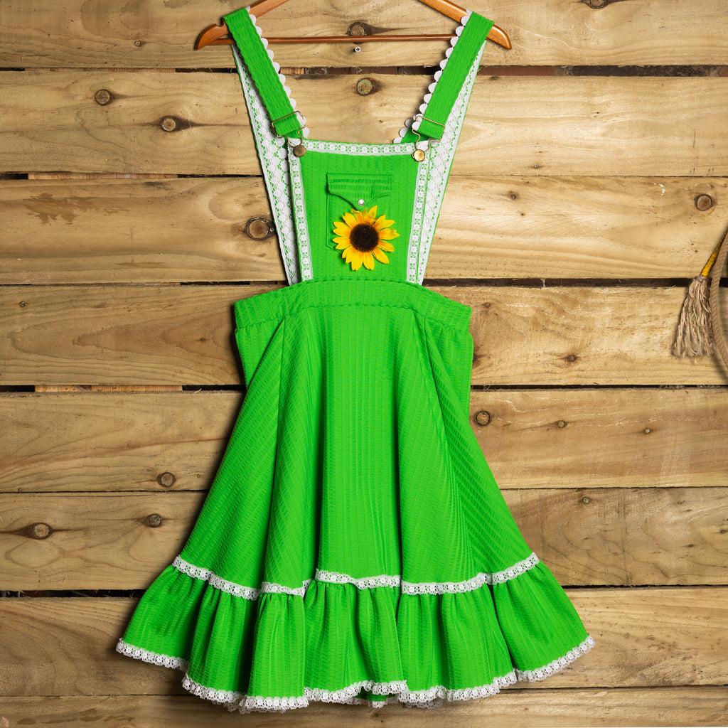 Rockmount Ranch Wear Vintage 1970s Green Overall Midi Dress | Sleeveless | Circle Zip | Ruffled Hemline
