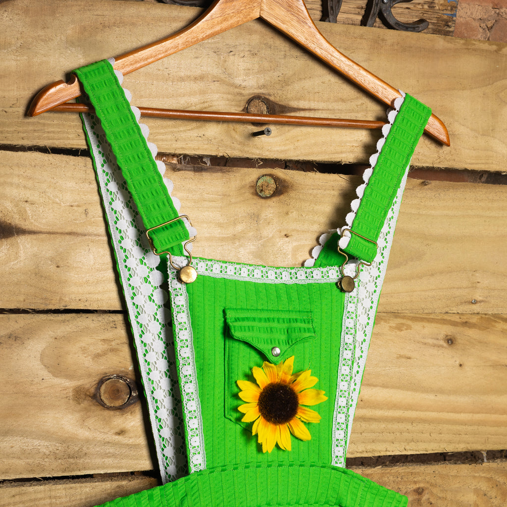Rockmount Ranch Wear Vintage 1970s Green Overall Midi Dress | Sleeveless | Circle Zip | Ruffled Hemline