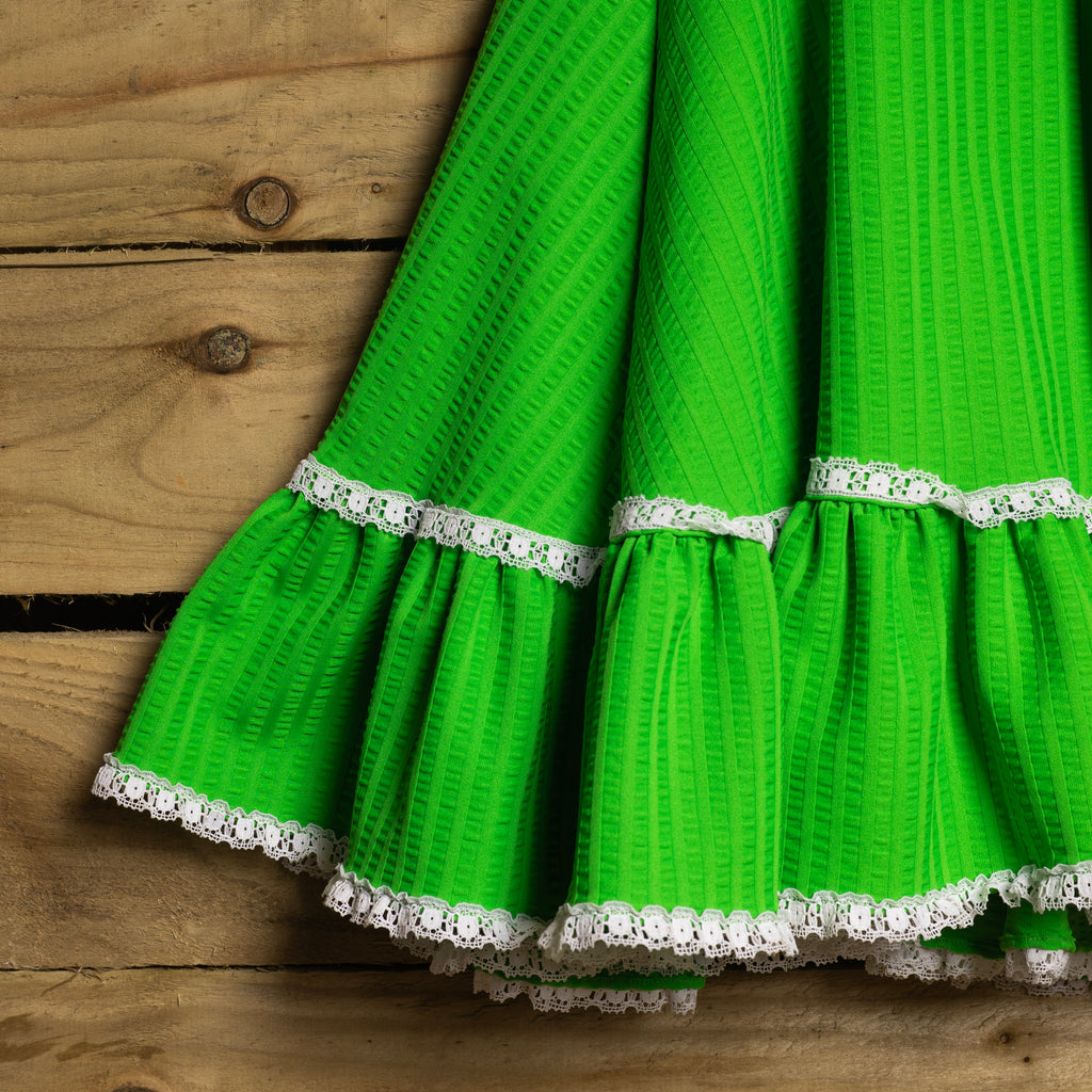 Rockmount Ranch Wear Vintage 1970s Green Overall Midi Dress | Sleeveless | Circle Zip | Ruffled Hemline