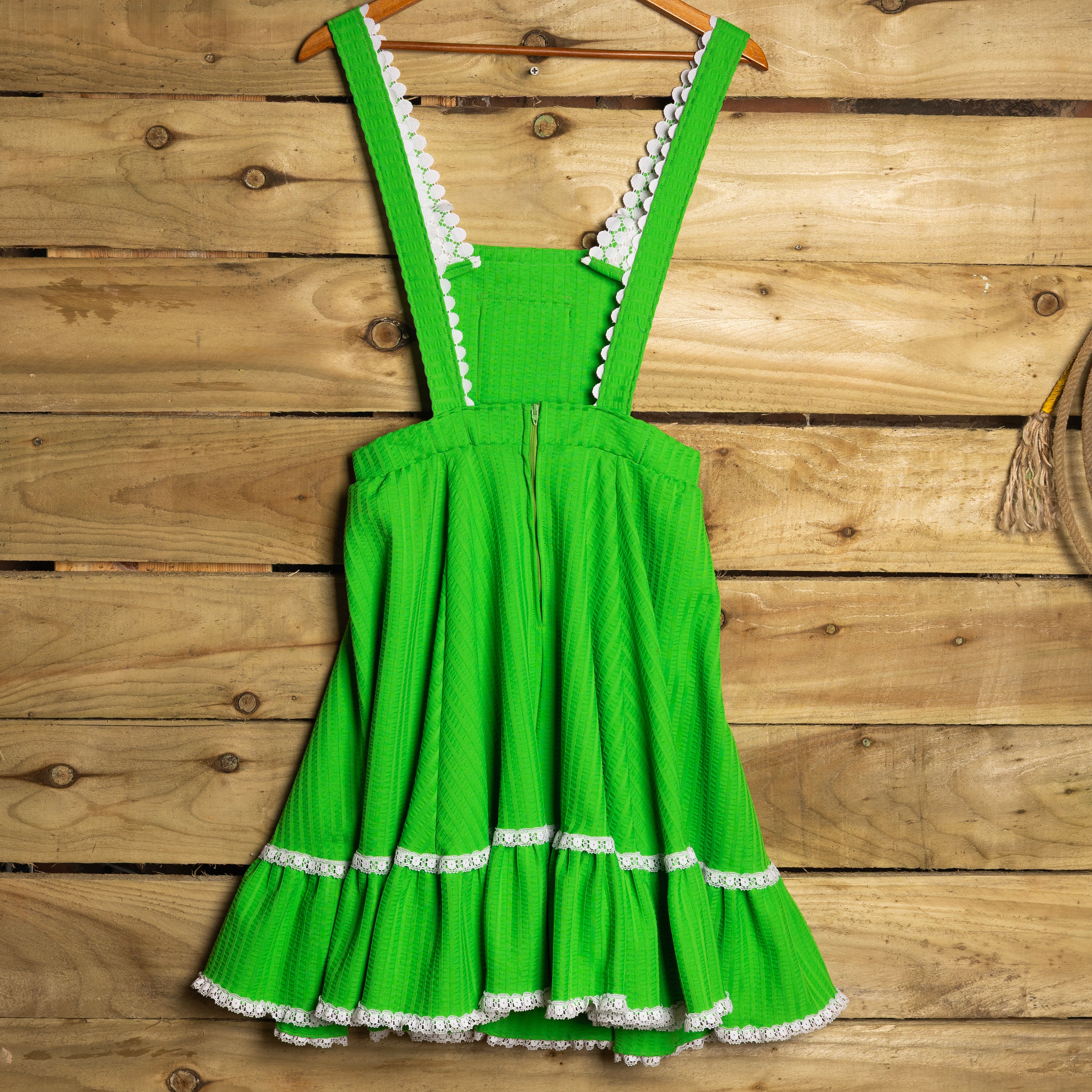 Rockmount Ranch Wear Vintage 1970s Green Overall Midi Dress | Sleeveless | Circle Zip | Ruffled Hemline